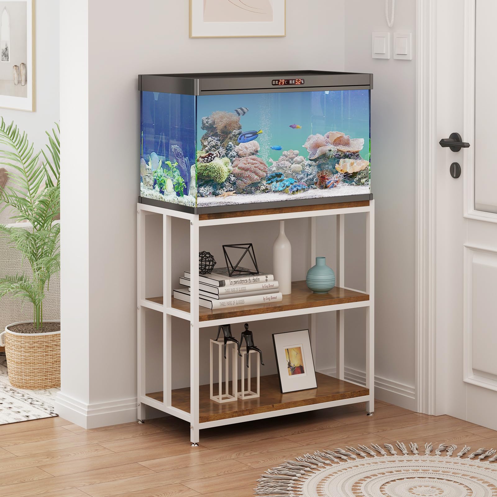 20 Gallon Fish Tank Stand - Heavy Duty Metal Aquarium Stand with Storage Shelves for Reptile Terrariums & Turtle Tanks - White Cabinet for Home, Office & Pet Store Display