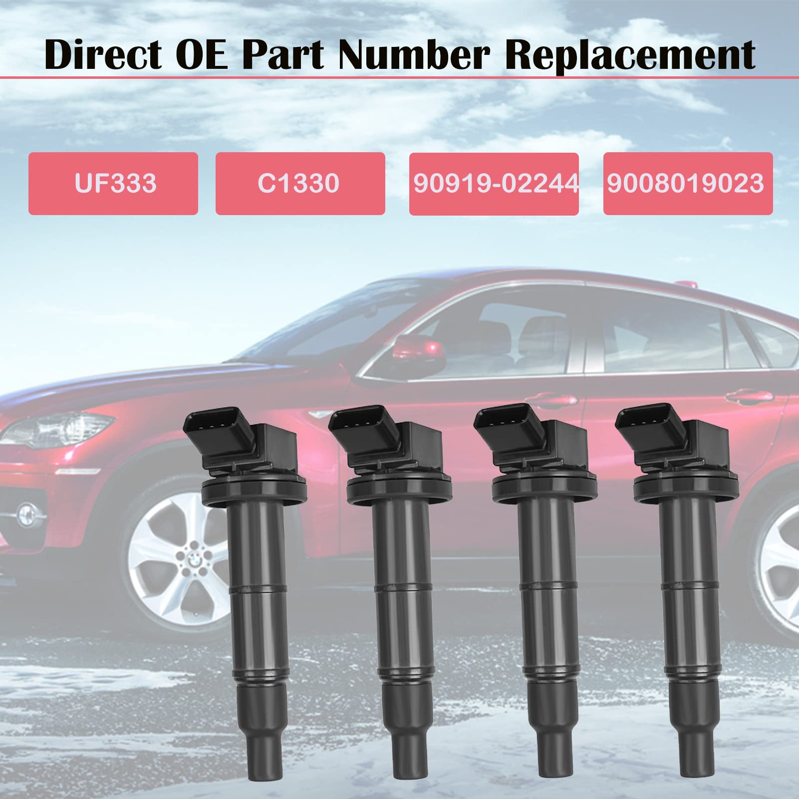 4-Piece Ignition Coil Pack & Iridium Spark Plugs Set for Toyota Camry Highlander RAV4 Matrix Solara Scion TC xB (2002-2009) - Compatible with 2.4L L4 Engine - Replaces UF333 - Perfect for Engine Performance & Fuel Efficiency Improvement