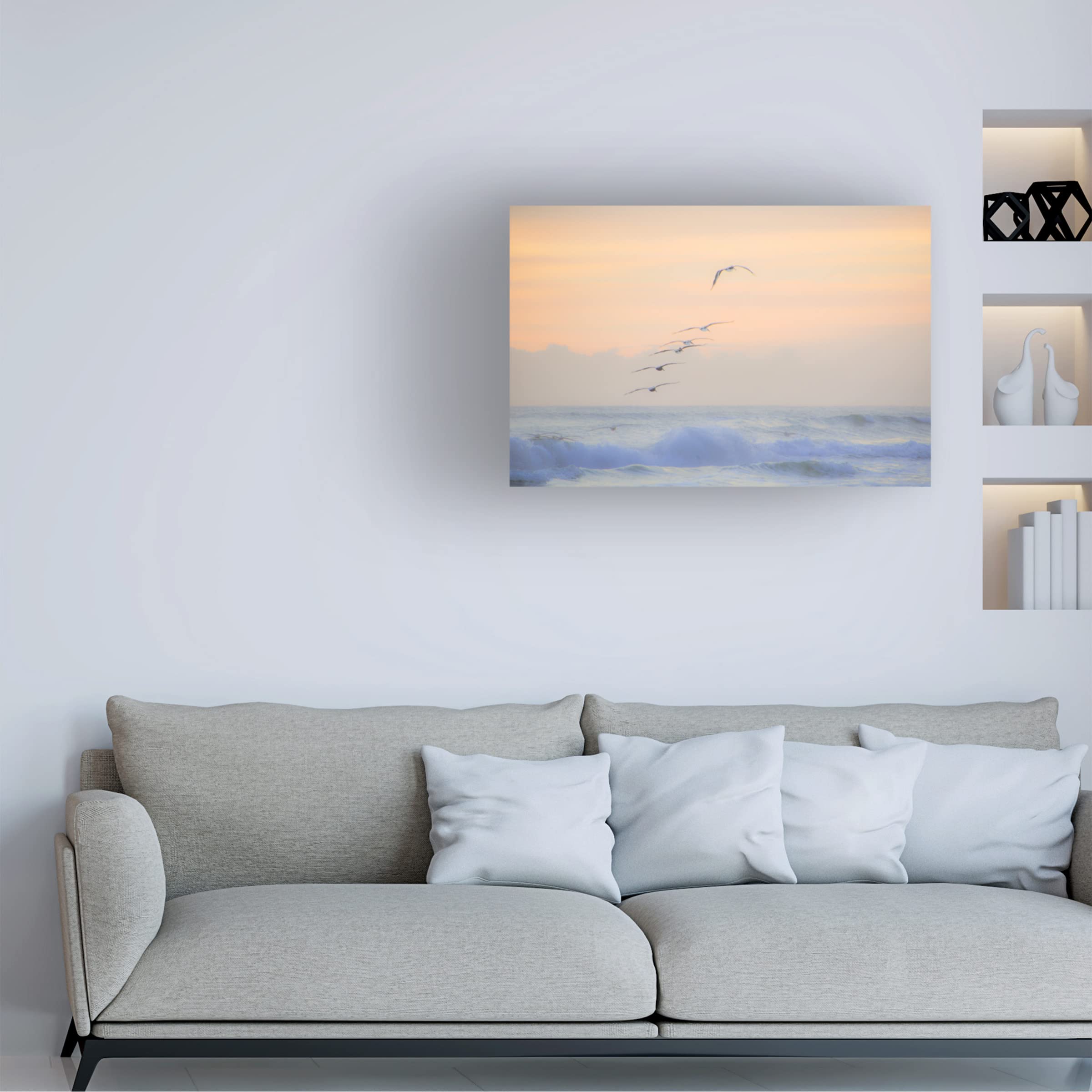 Blue Palomino 'Pelicans Over Lavender Wave' Canvas Wall Art - Handmade Nature Painting for Coastal & Beach House Decor