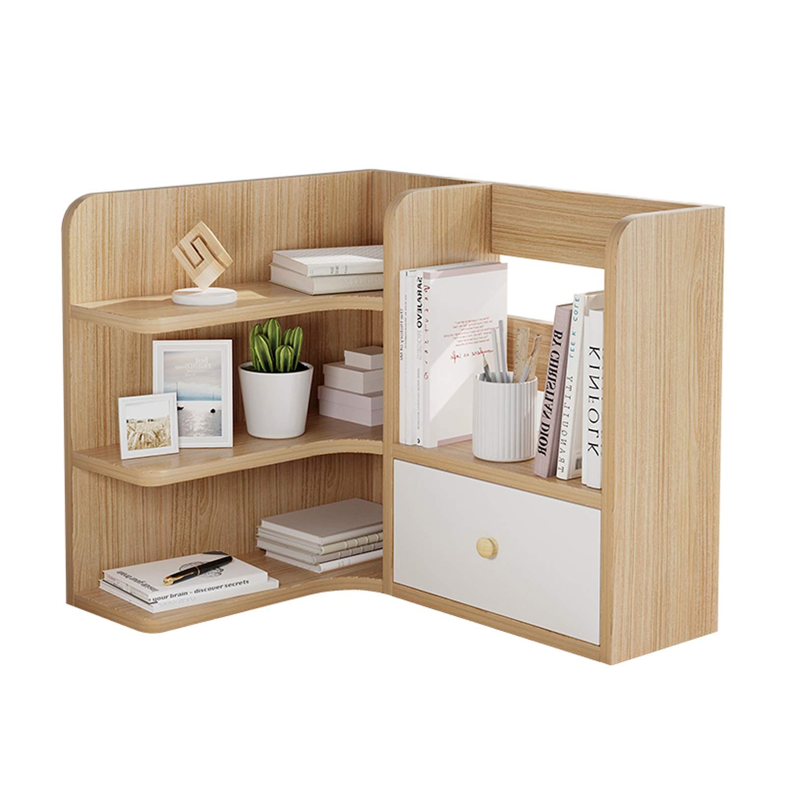 3-Tier Wooden Desktop Bookshelf with Drawer - Natural Wood Bookcase for Office, Study & Home - Compact Countertop Organizer for Books, Supplies & Decor