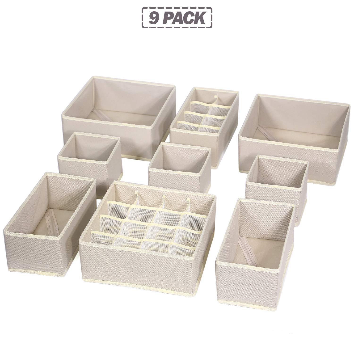 9-Pack Foldable Fabric Drawer Organizer Dividers - Cloth Storage Boxes & Bins for Underwear, Bras, Socks, Panties - Closet & Dresser Organizer for Nursery, Baby Clothes & Lingerie (Beige) - Space-Saving Home & Office Storage Solution