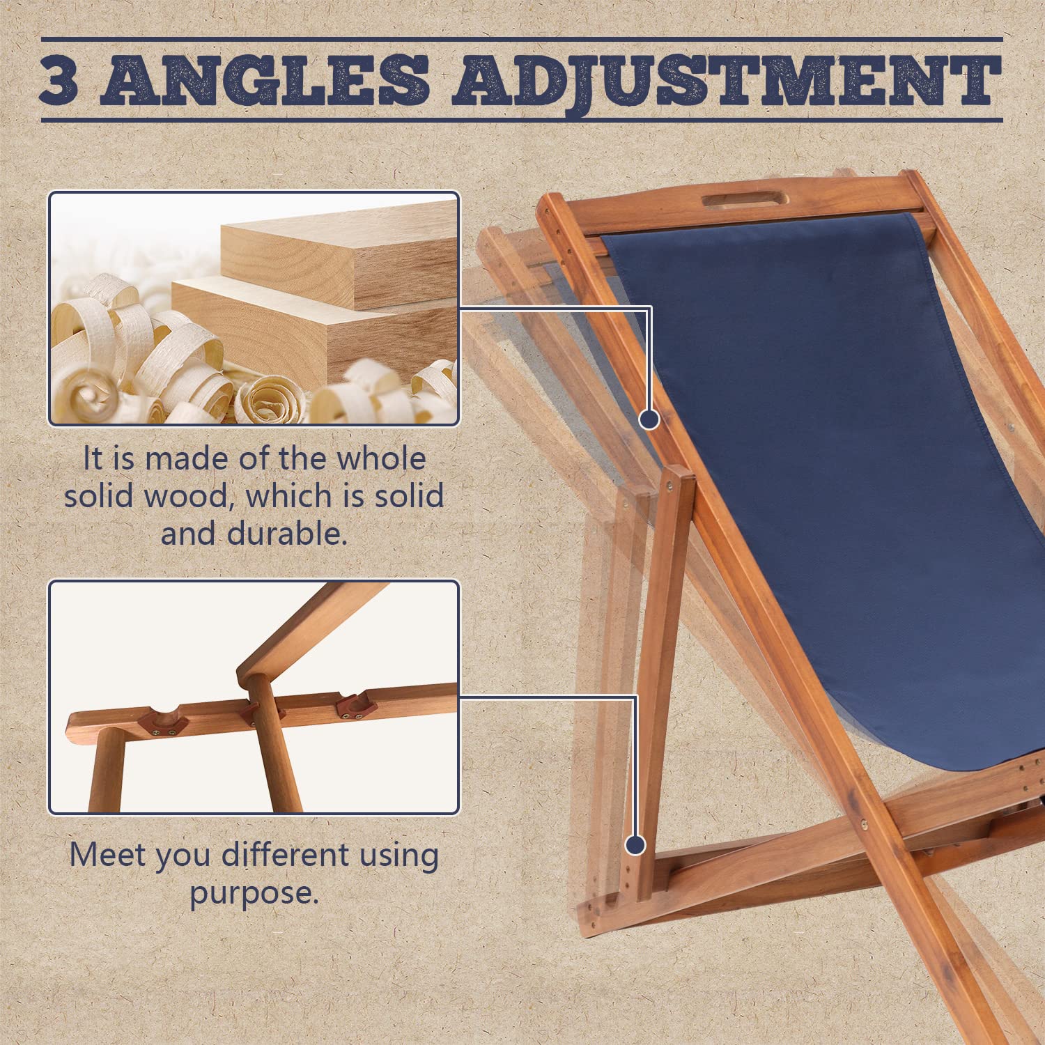 2-Piece Outdoor Wooden Patio Lounge Chair Set - Portable Reclining Beach Chairs with Solid Wood Frame & White Polyester Canvas - 3 Adjustable Positions, Blue - Perfect for Backyard, Poolside, and Beach Relaxation