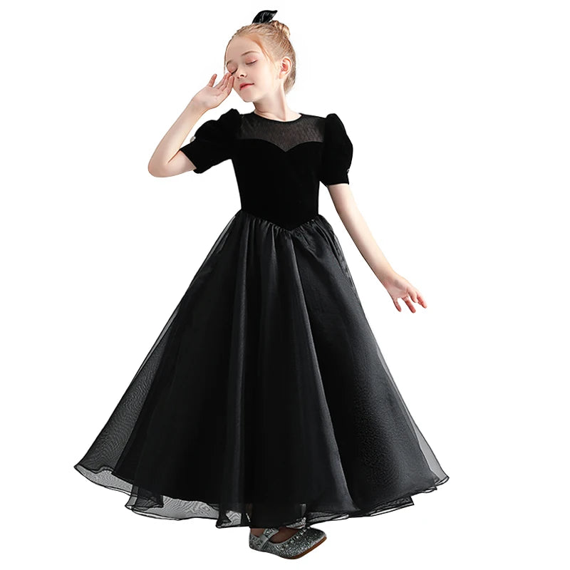 Black Puff Sleeve Girls Corduroy Tulle Party Dress - Elegant Holiday Outfit for Birthday, Christmas & Special Occasions