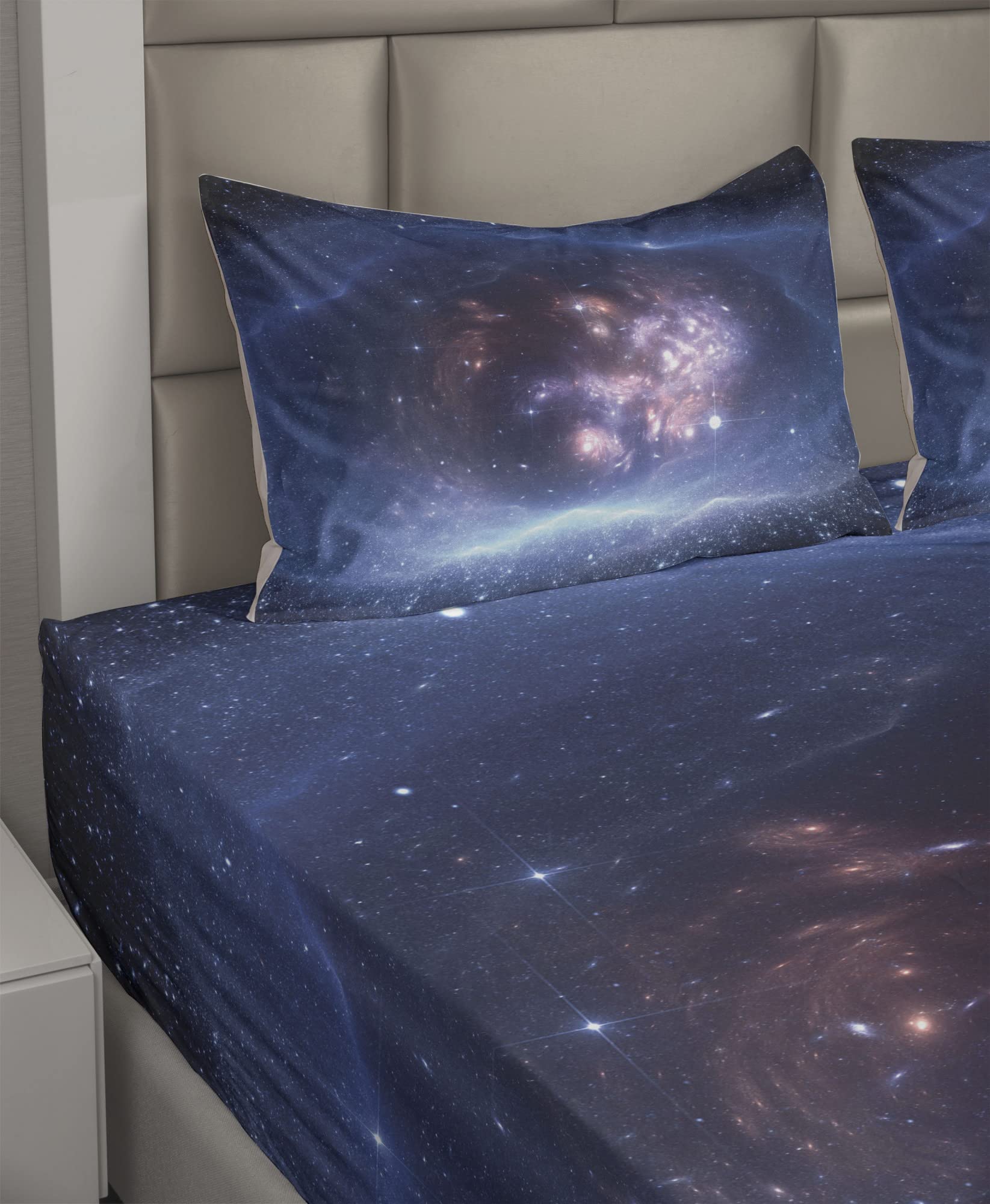 Ambesonne Outer Space Bed Sheet Set 4-Piece, Full Size - Nebula Gas Cloud & Star Clusters Astronomy Design, Navy Purple Fitted & Flat Sheets with Pillowcases | Galaxy Themed Bedroom Decor for Kids & Adults, Space Enthusiast Gift Idea