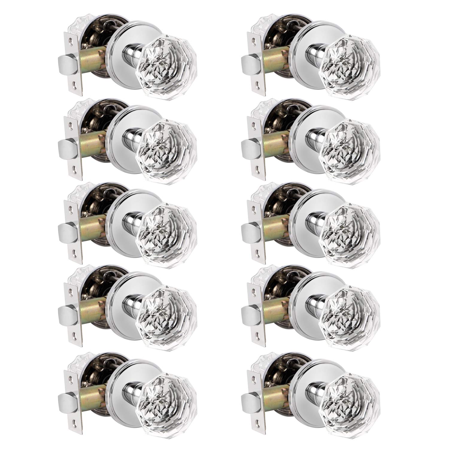 (10 Pack) Knobelite Crystal Glass Keyless Passage Door Knobs Set - Round Interior Door Knobs for Hall, Closet & Bedroom - Modern Polished Chrome Design - Perfect for Home, Office & Apartment Doors