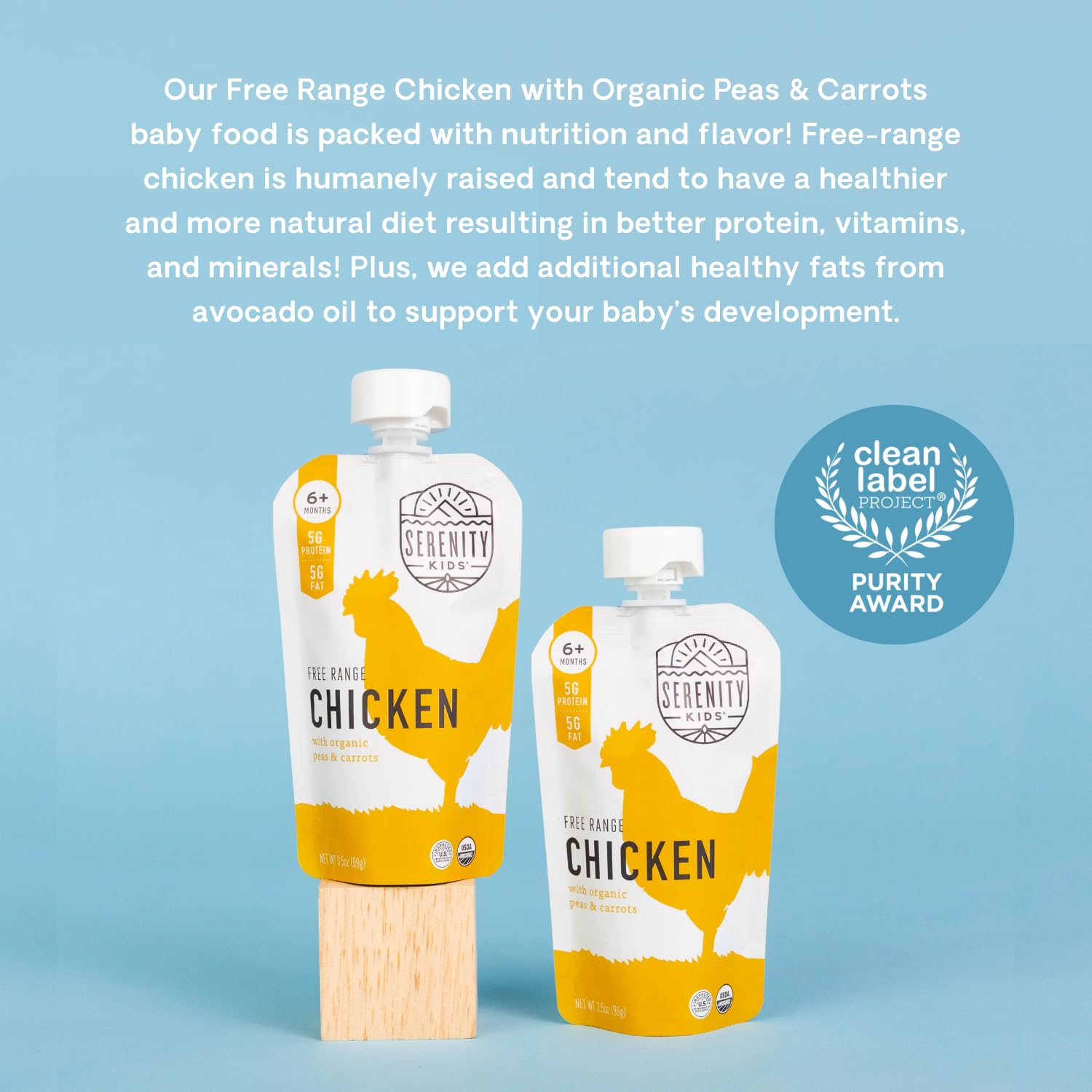 Serenity Kids Organic Baby Food Pouches - 6+ Months, Free Range Chicken with Peas & Carrots - 3.5oz BPA-Free Puree (12 Pack) | Ethically Sourced Meat & Vegetables | Perfect for On-the-Go Feeding, Daycare & Travel Snacks