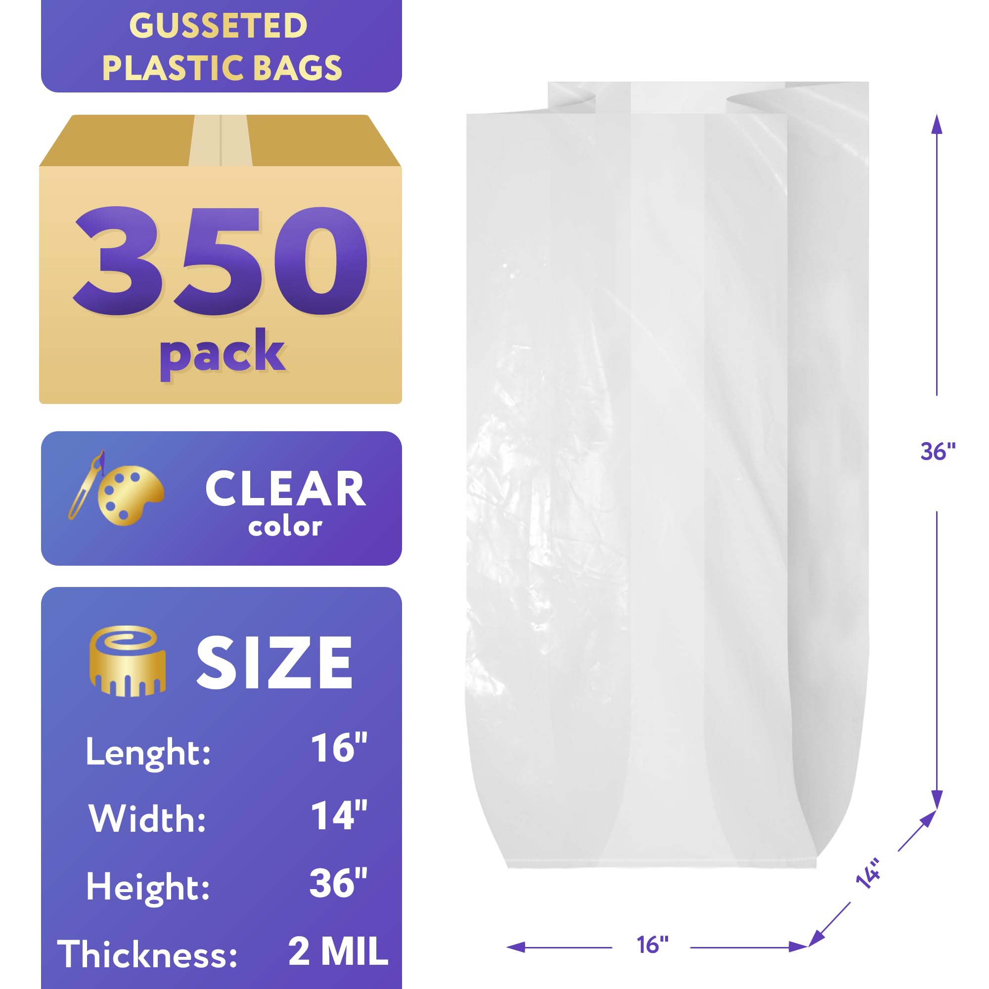 APQ Gusseted Plastic Bags for Food Storage - 16x14x36 Inches, 350 Pack - 2 Mil Thick Clear Poly Bags with Open End - Leak-Proof Produce & Gift Bags for Groceries, Party Favors, Retail Packaging & Bulk Food Storage