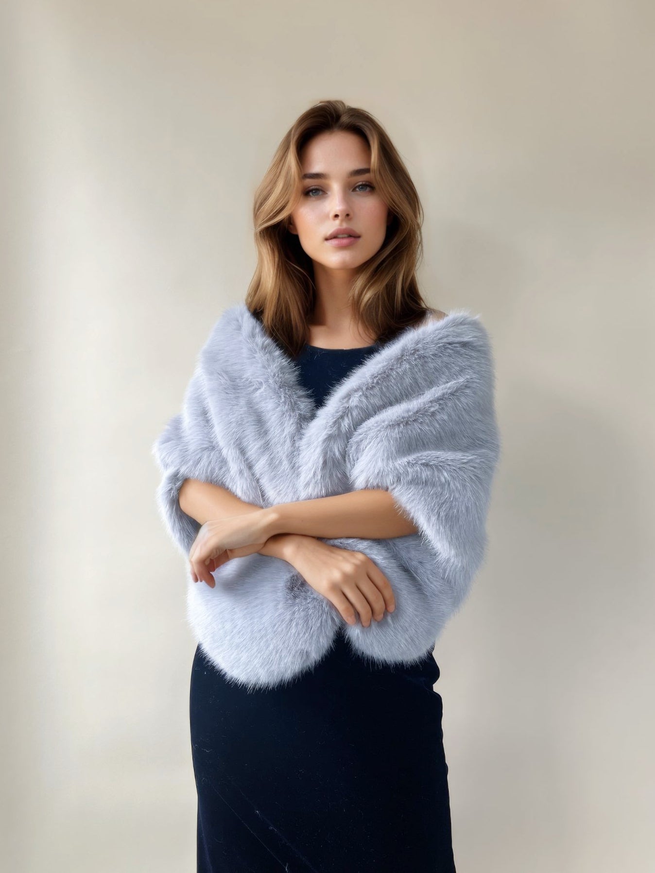 Grey Faux Fur Shawl with Hooks & Eyes - Butterfly Gry07 - Elegant Winter Wrap for Women, Perfect for Parties, Weddings & Cold Weather Fashion