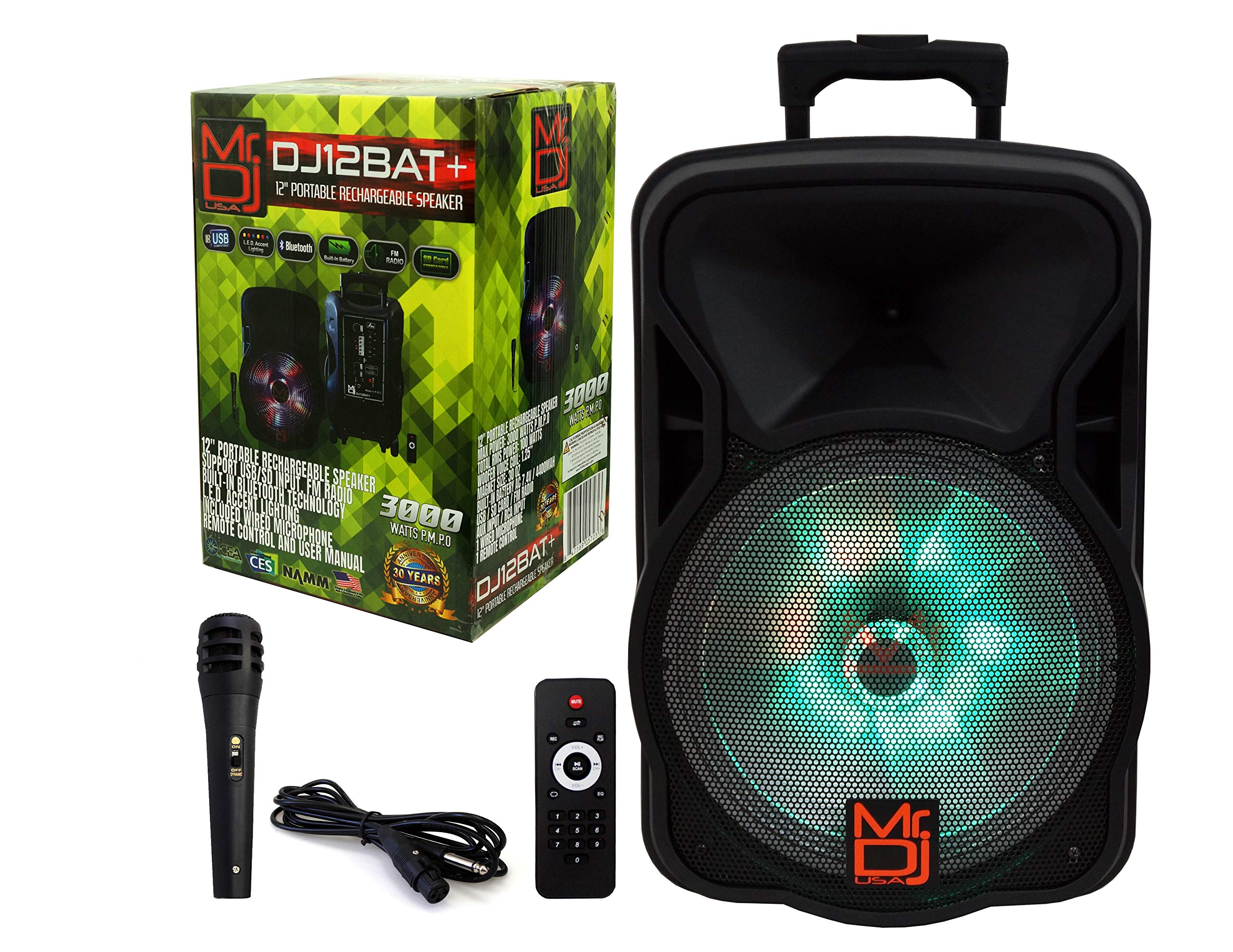 Mr. DJ USA DJ12BAT+ 12-Inch Portable Trolley PA System - 3000W PMPO Bluetooth TWS Active Speaker with LCD Display, MP3, USB, and Micro SD Support - Perfect for Outdoor Parties, Events, and DJ Performances