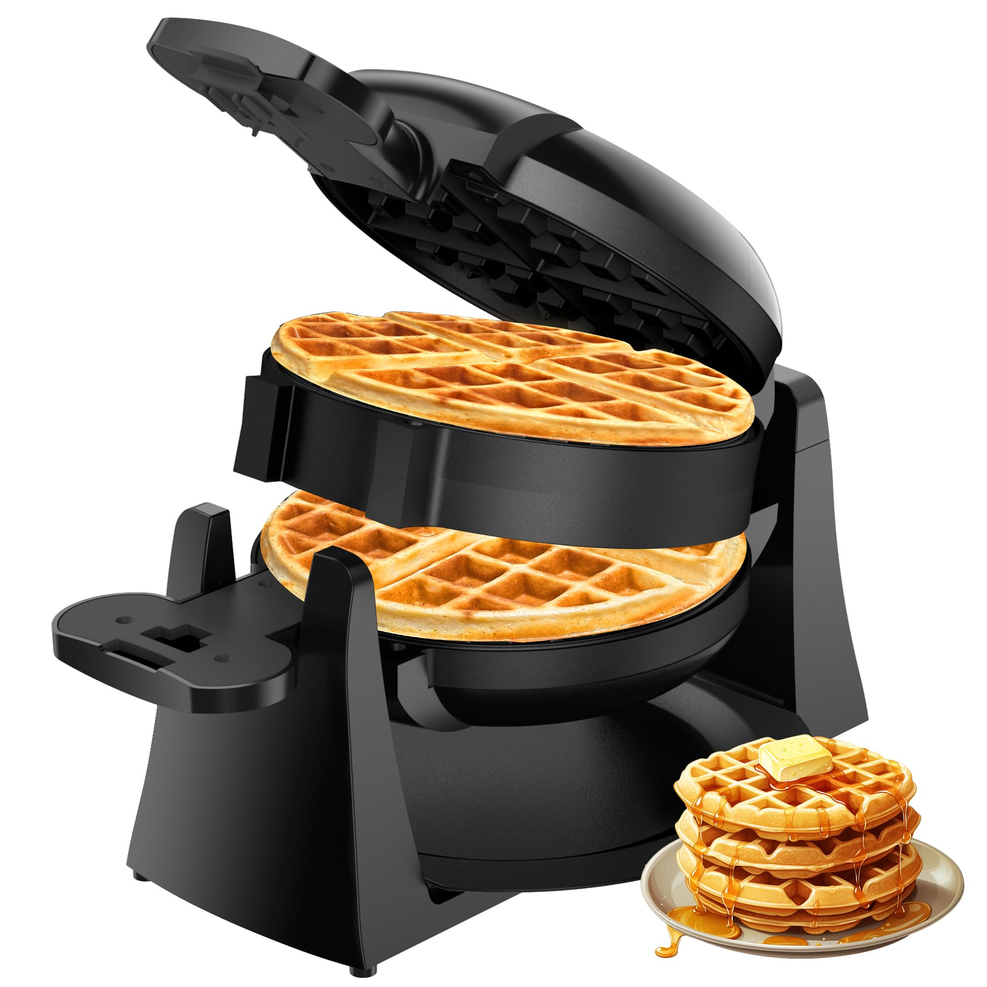 Professional 1400W Double Belgian Waffle Maker with 180° Flip - 8 Slice Nonstick Rotating Plates, Removable Drip Tray & Cool Touch Handles - Perfect for Breakfast, Brunch, and Family Gatherings - Space Saving Black Waffle Iron for Home & Restaurant Use