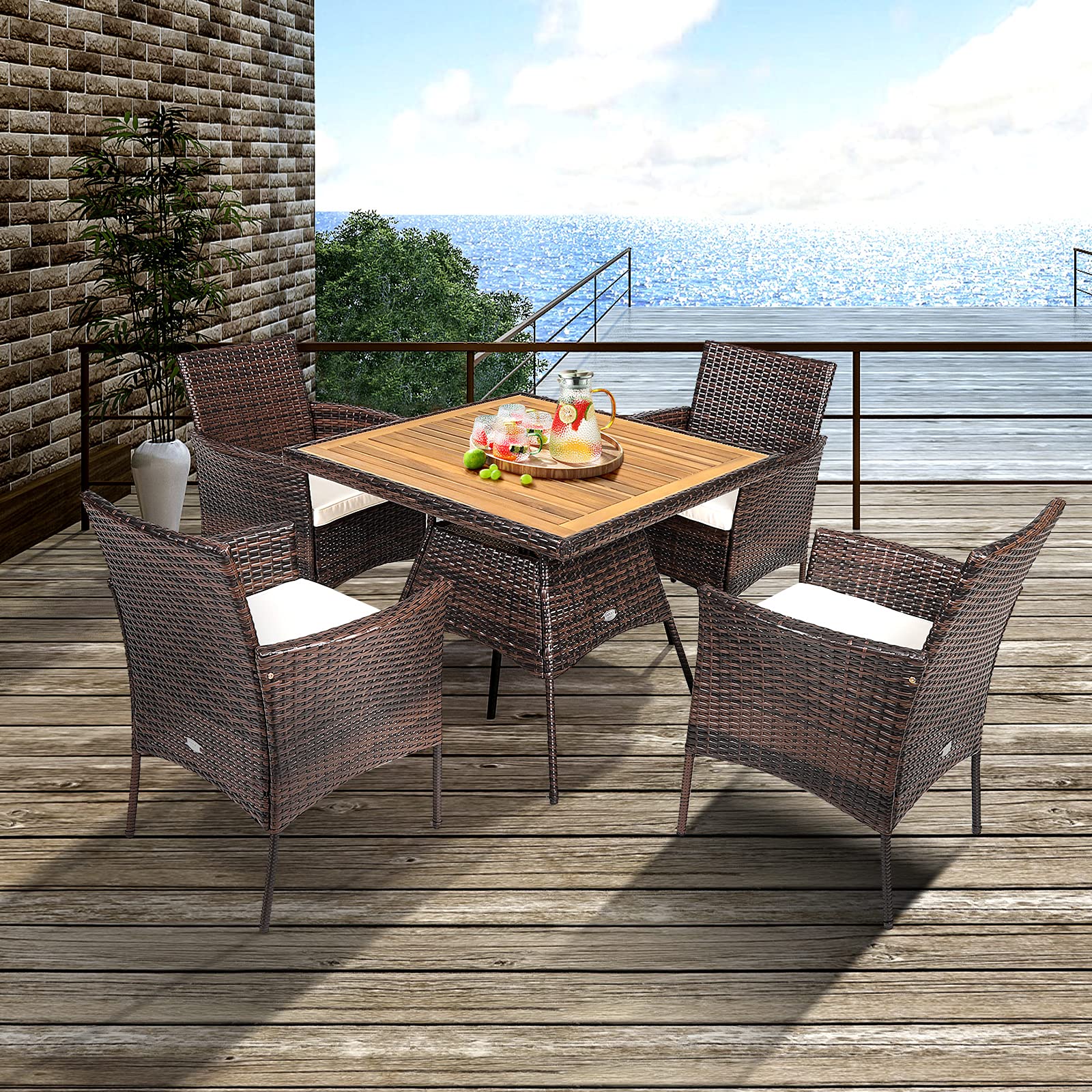 Tangkula 5-Piece Wicker Patio Dining Set - Acacia Wood Outdoor Furniture with 4 Arm Chairs & 1 Table, Rattan Conversation Set with Cushions & Umbrella Hole - Perfect for Backyard, Garden, Porch, Poolside & Outdoor Entertaining
