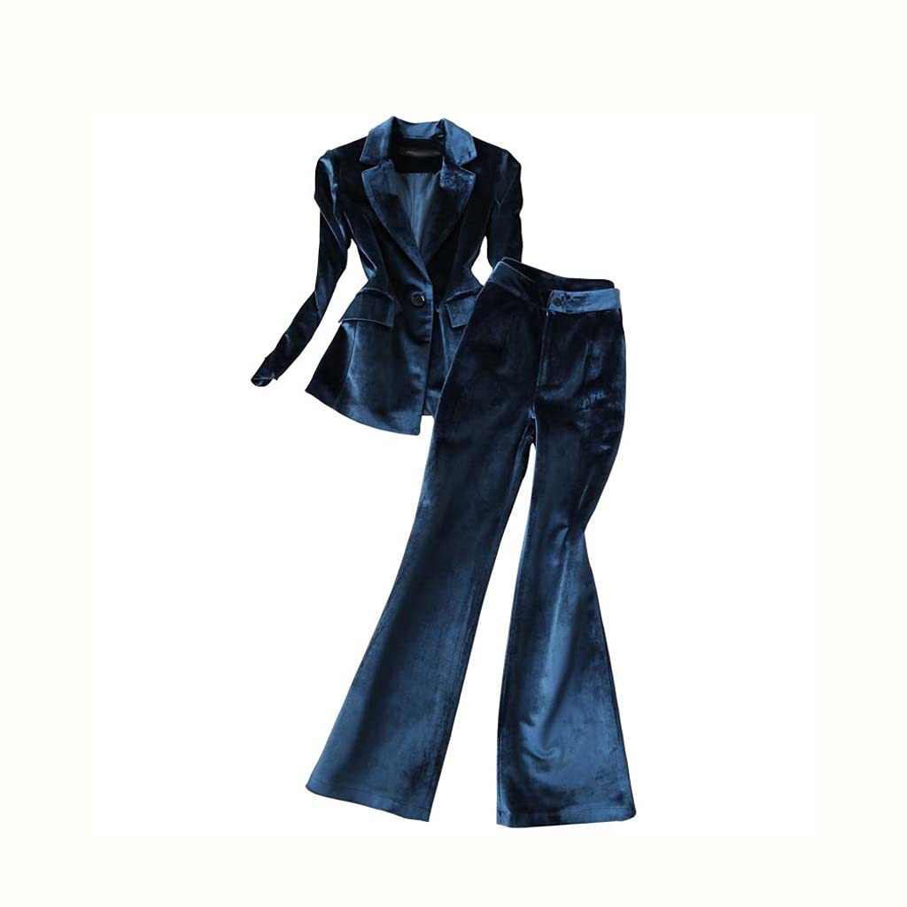 ZYKBB Women's Velvet Blazer & Trousers 2-Piece Pant Suit Set - Professional Office Work Attire for Business Women (Blue, Size S) | Perfect for Corporate Meetings, Job Interviews & Formal Office Wear