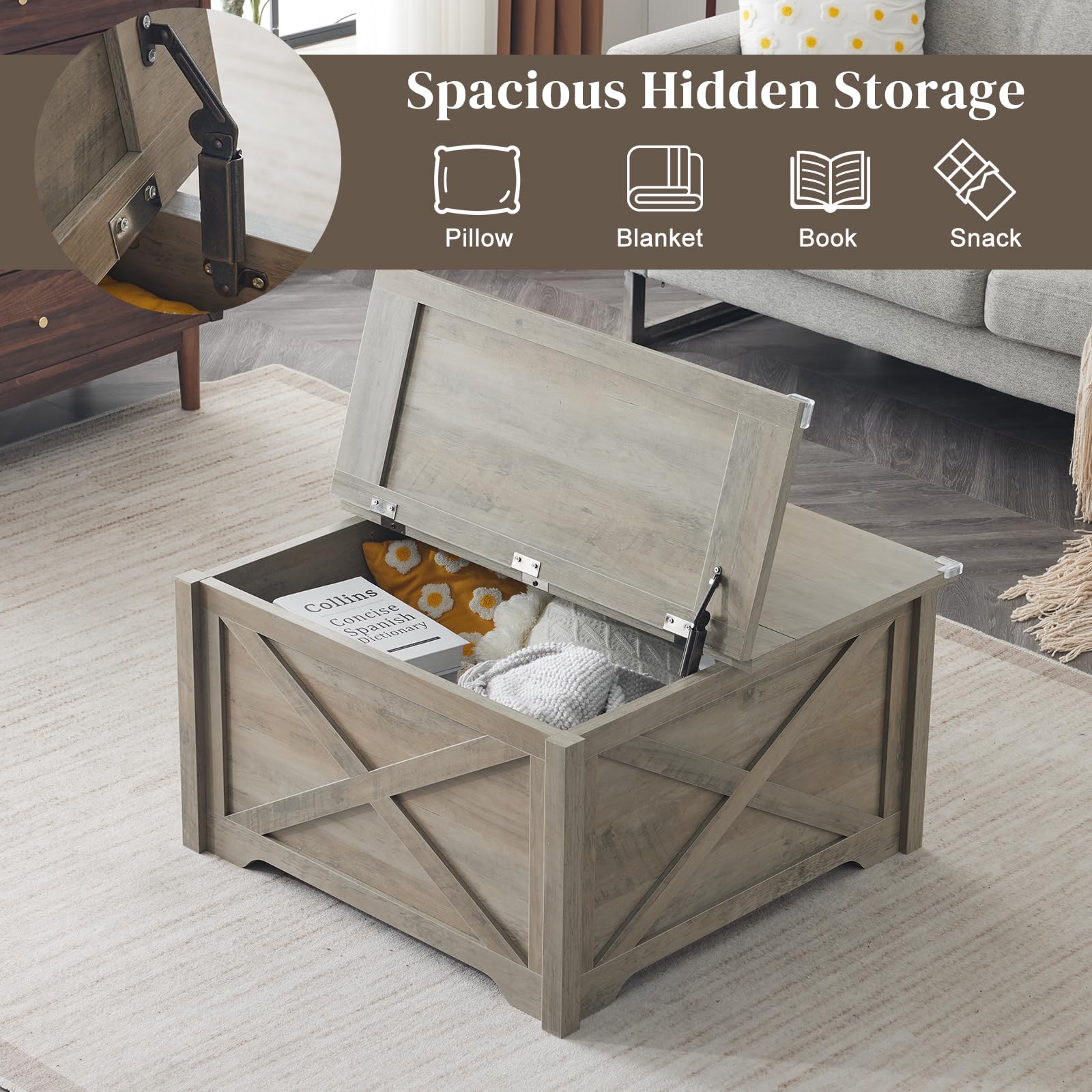 Karl Home Square Coffee Table with Storage - Farmhouse Rustic Gray Wooden Center Table with Hinged Lifting Tabletop - 31.5