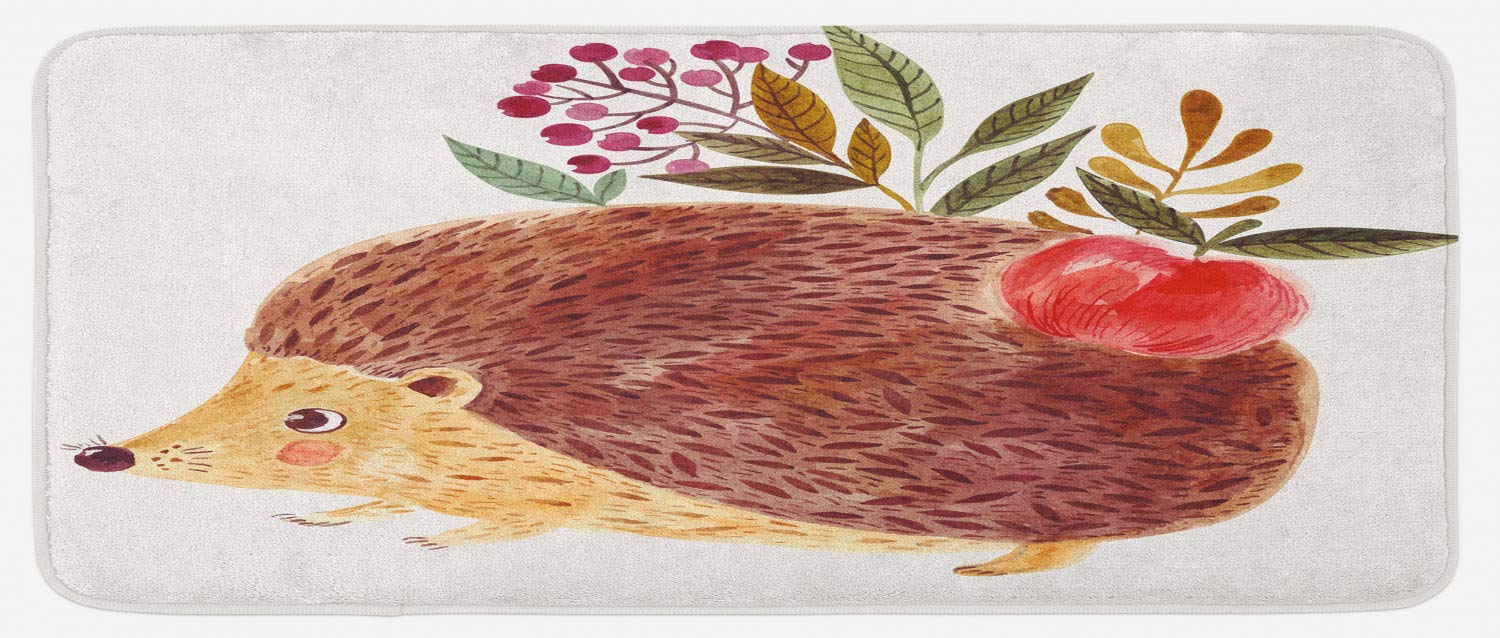 Ambesonne Non-Slip Plush Kitchen Rug - Hand-Painted Watercolor Hedgehog & Flowers Design, 47