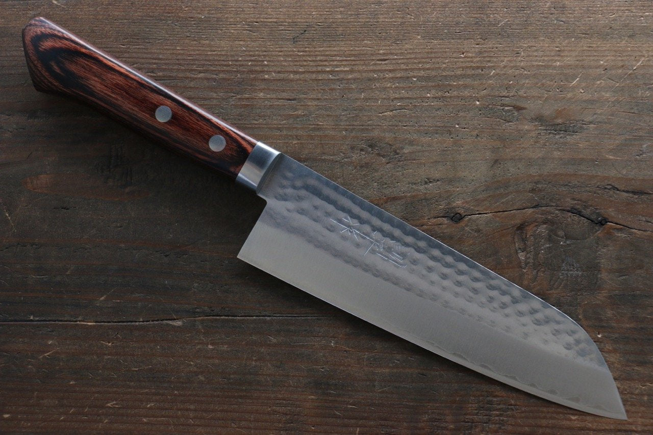 Premium Kunihira VG1 Hammered Santoku Knife 170mm - Japanese Chef Knife with Mahogany Handle - Perfect for Slicing, Dicing & Chopping Vegetables, Meat & Fish