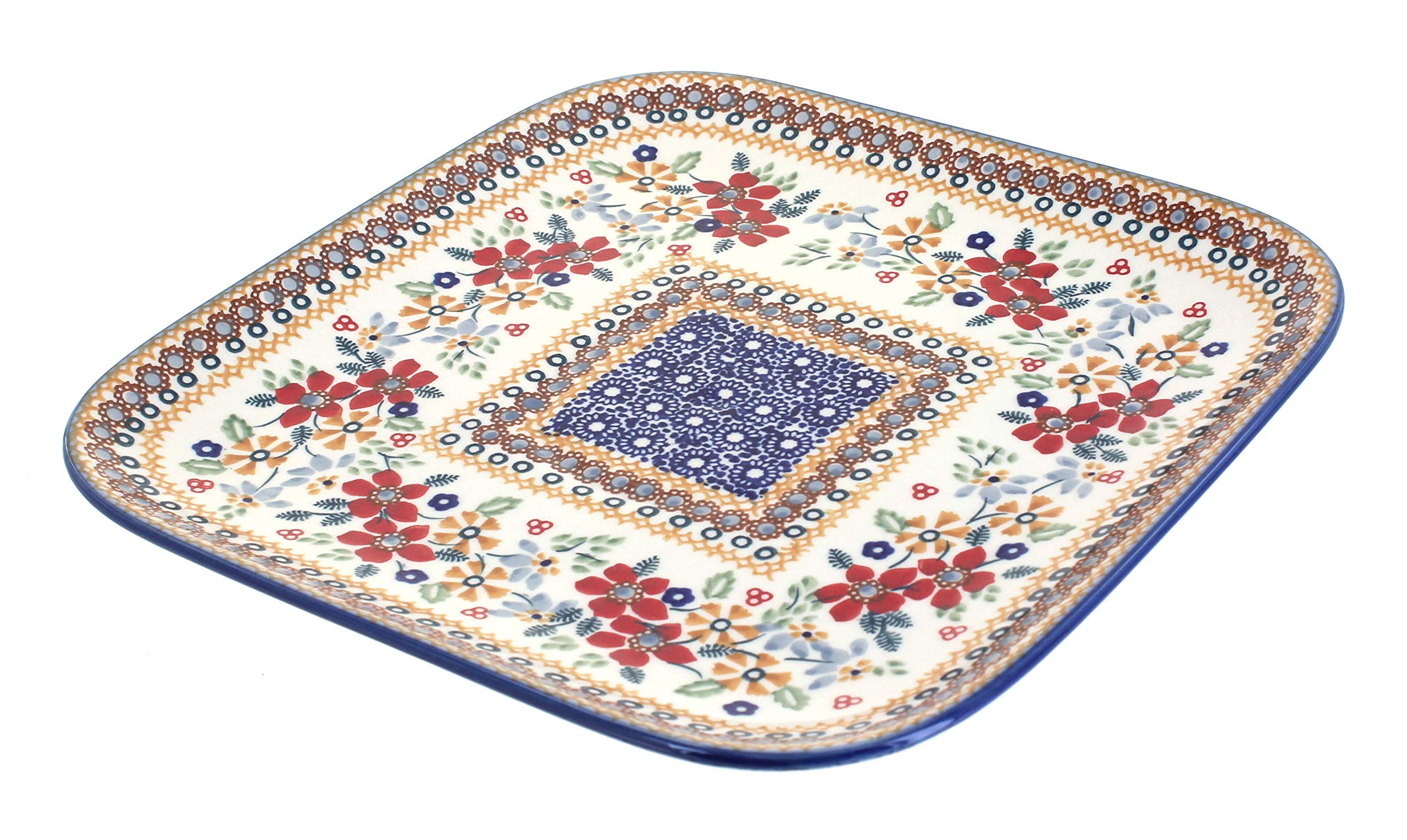 Handmade Blue Rose Polish Pottery Red Daisy Large Square Plate - Elegant Dinnerware for Home Decor, Parties & Special Occasions