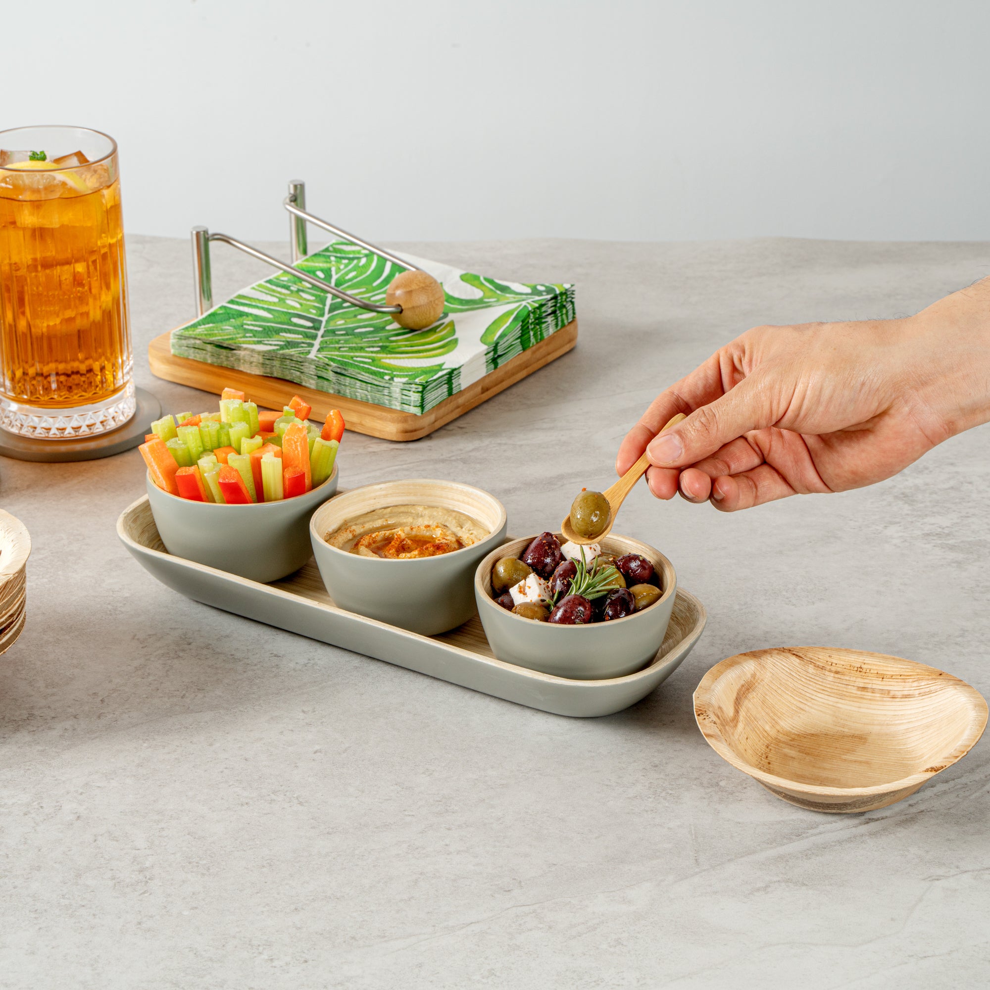 Eco-Friendly Bamboo Bowl Set with Tray - 3 Gray Bamboo Bowls (11.75