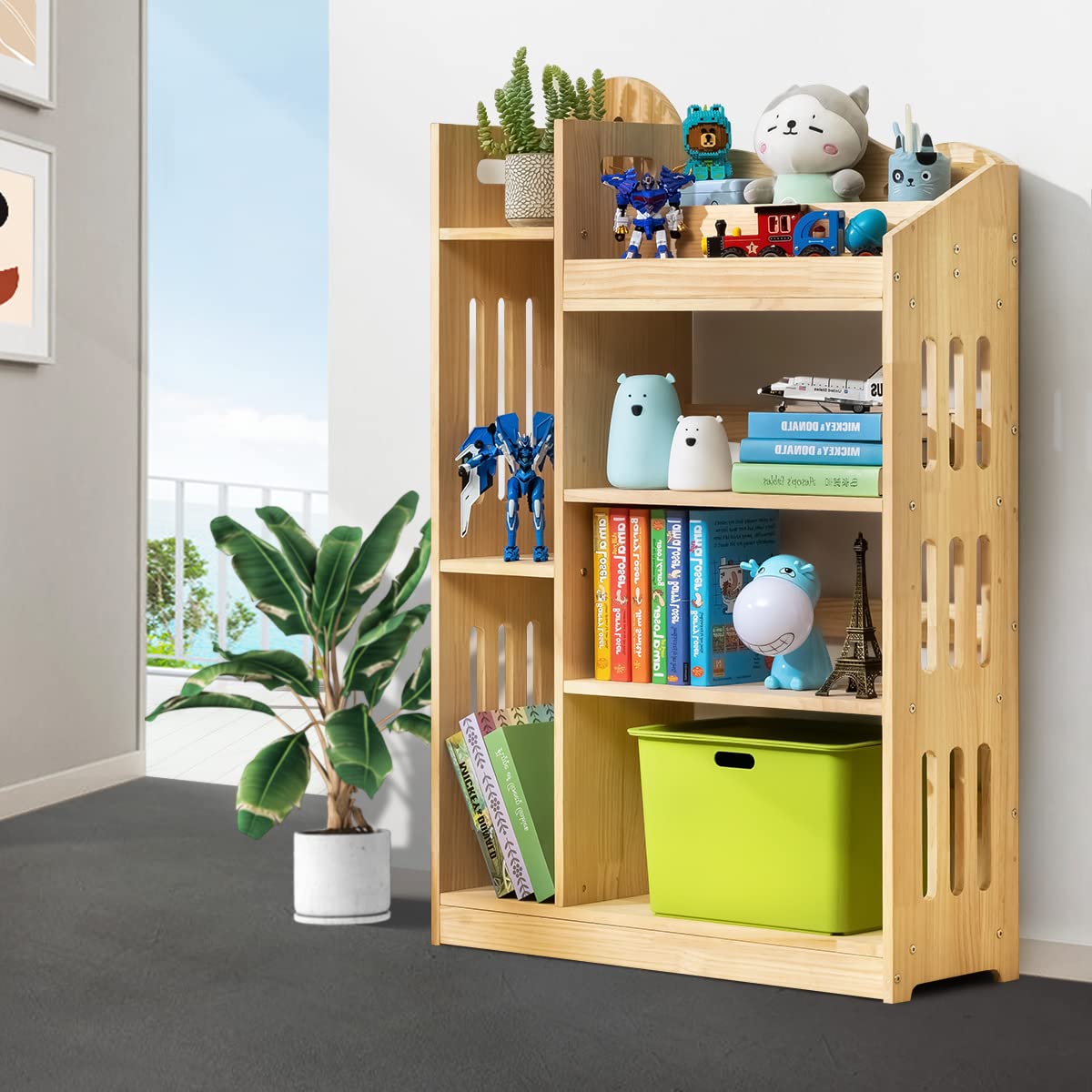 MoNiBloom Wooden Bookshelf with Organizer - Multifunctional Storage Cabinet for Small Spaces, Playroom & Bedroom - Natural Finish Display Shelf for Books, Toys & Home Decor | Perfect for Kids Room Organization & Compact Living Spaces