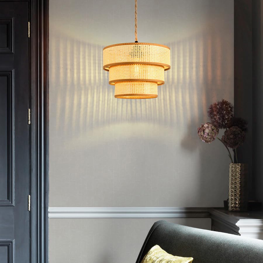 XININSUN 15FT Plug in Pendant Light - Dimmable Rattan Wicker Woven Drum Lampshade, Rustic Boho Ceiling Light Fixture for Bedroom, Living Room, Dining Room - Perfect for Cozy Home Decor & Ambient Lighting (1 Pack)