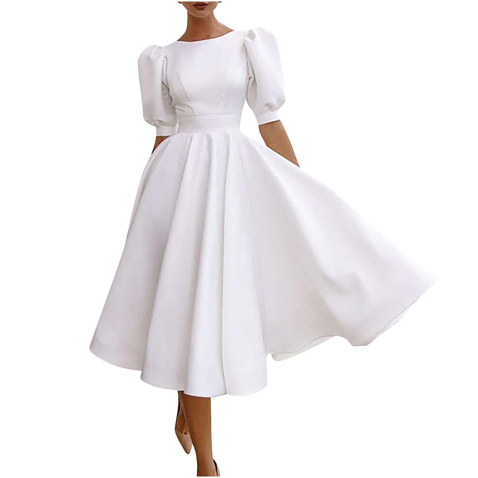 Elegant Uppada Women's Puff Sleeve Wedding Guest Dress with Cut Out Back - Flare Party Gown for Engagement, Bridal Shower & Special Occasions