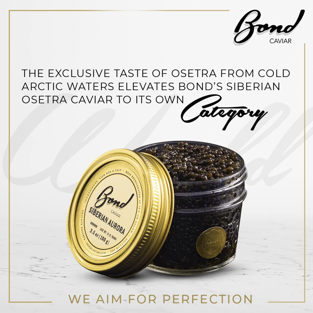 Premium Bond Siberian Osetra Aurora Caviar - World-Renowned Malossol Fish Roe with Sea Salt, Small to Medium Pearls (3.5oz/100g) - Overnight Delivery for Luxury Gifts, Weddings & Special Events - Perfect for Gourmet Dining, Canapés & Fine Dining Experiences