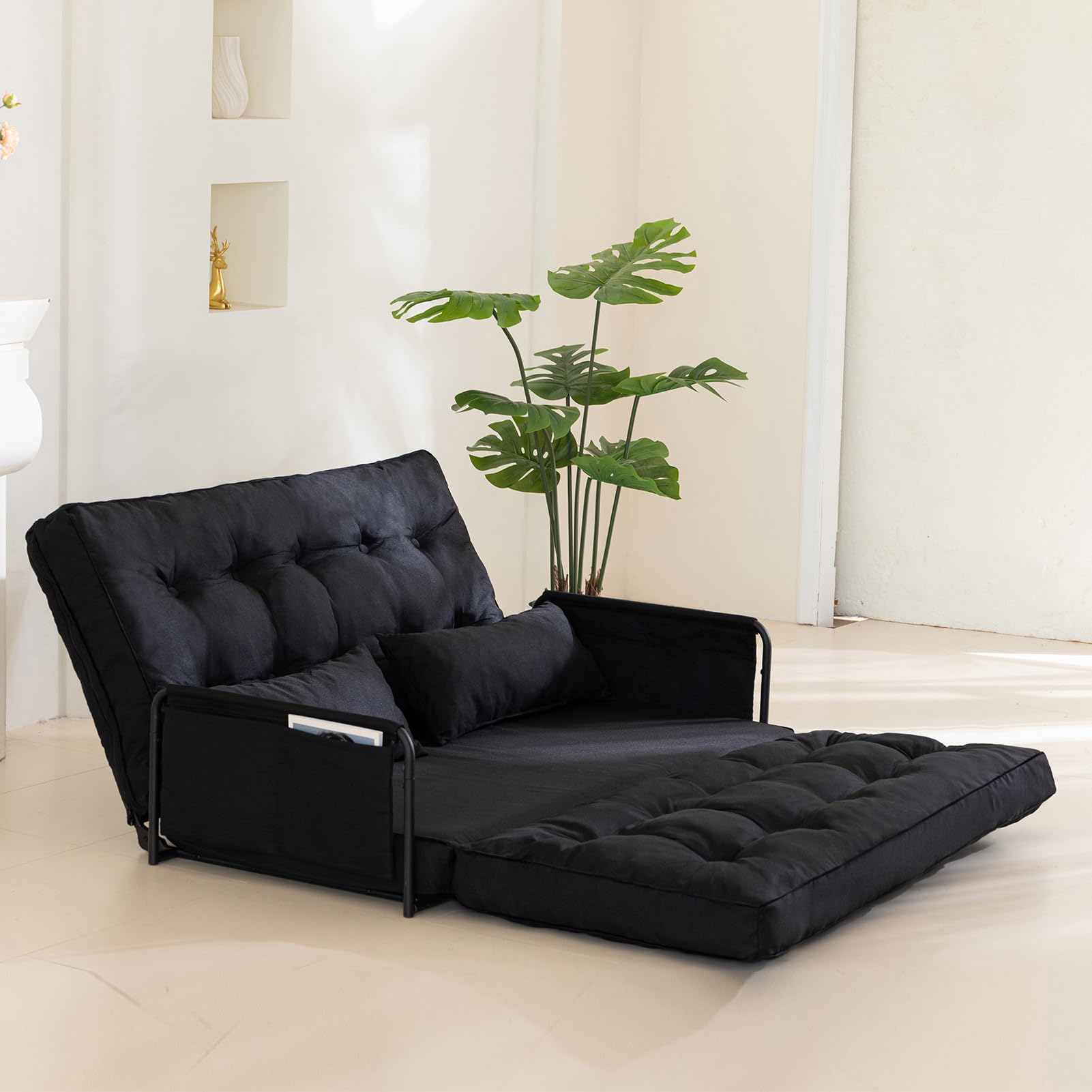 MAXYOYO Adjustable Floor Sofa Bed - Multi Functional Folding Couch with 2 Pillows (Black) | Perfect for Small Spaces, Guest Room & Living Room Lounging