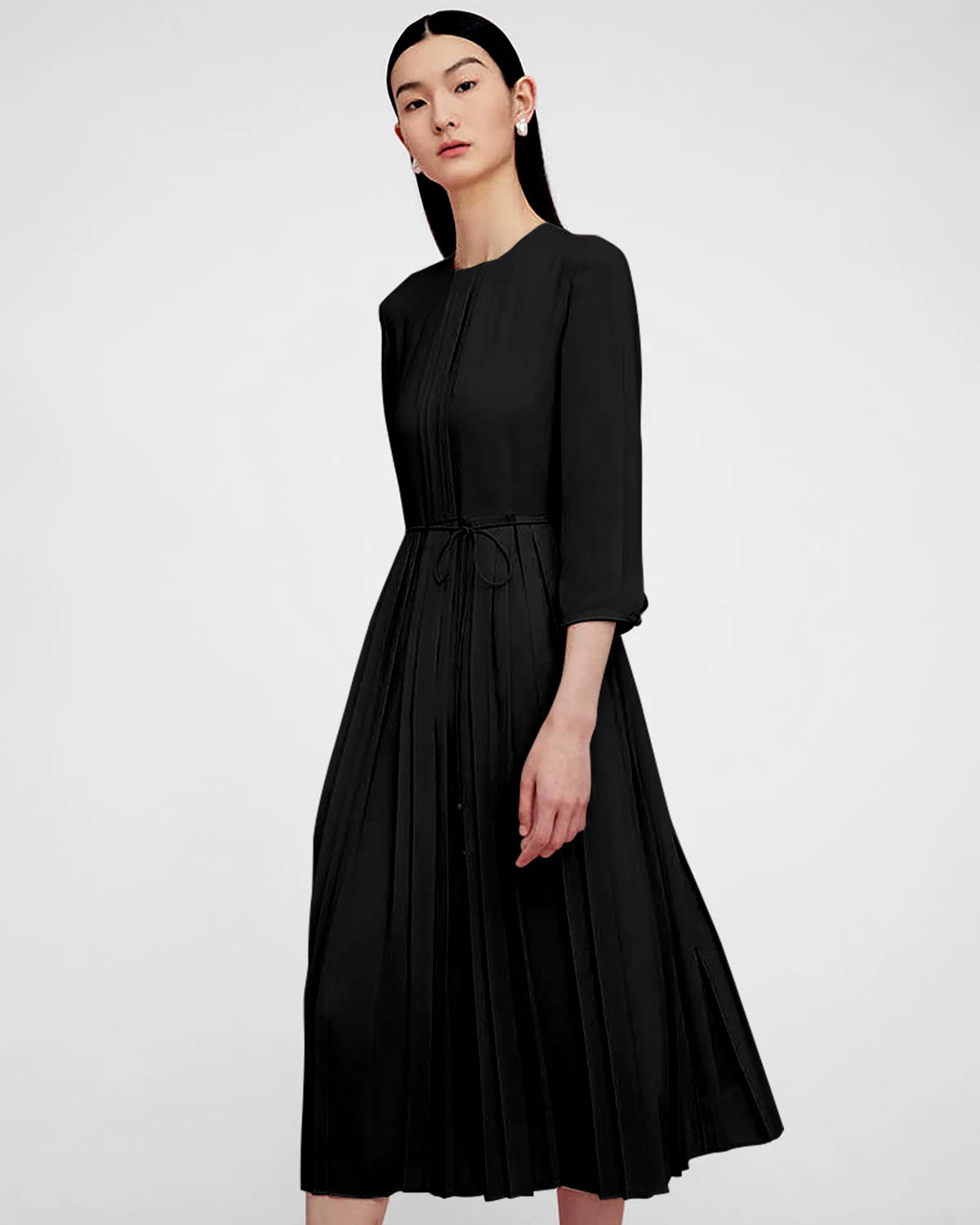 Elegant Pleated 3/4 Sleeve Silk Dress for Women - Perfect for Cocktail Parties, Weddings & Special Occasions
