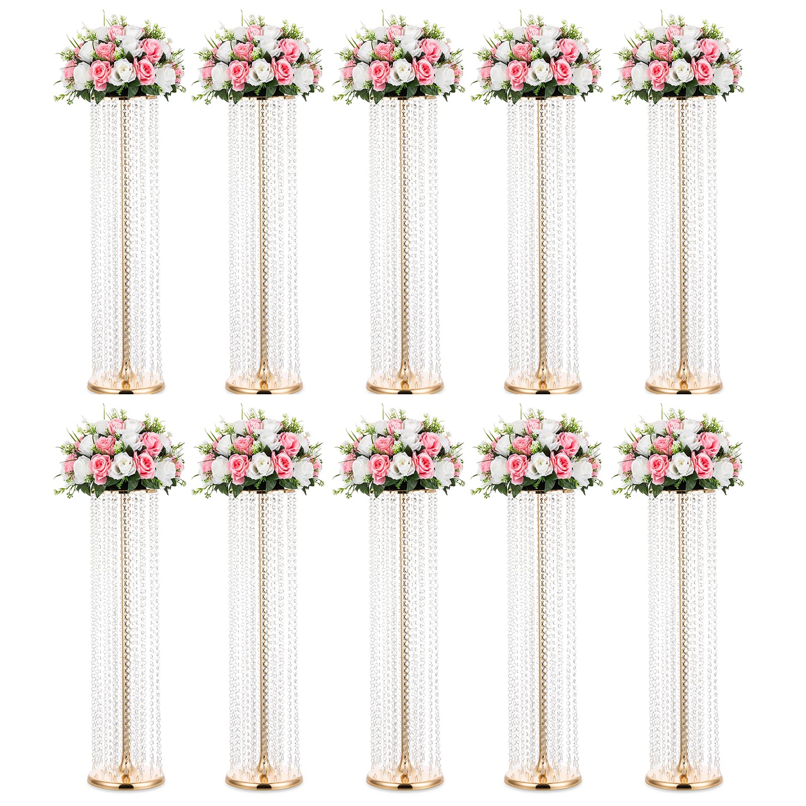 10 Pcs 35.4in Tall Crystal Gold Wedding Vases - Elegant Metal Flower Stand Centerpieces for Party Table Decorations, Bulk Wedding Decor, Table Chandeliers | Perfect for Wedding Receptions, Bridal Showers & Banquet Hall Decor