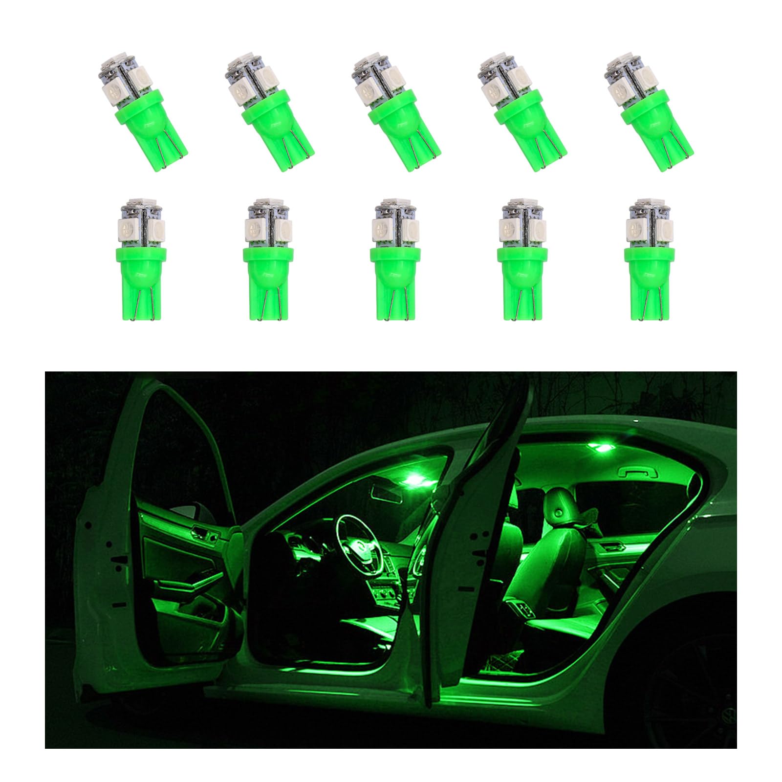 10 PCS Super Bright T10 5050 5SMD LED Car Interior Light Bulbs Kit - Green Automotive Replacement Bulbs for Dashboard, Dome, Map, Door, License Plate Lights | Perfect for Night Driving & Car Customization