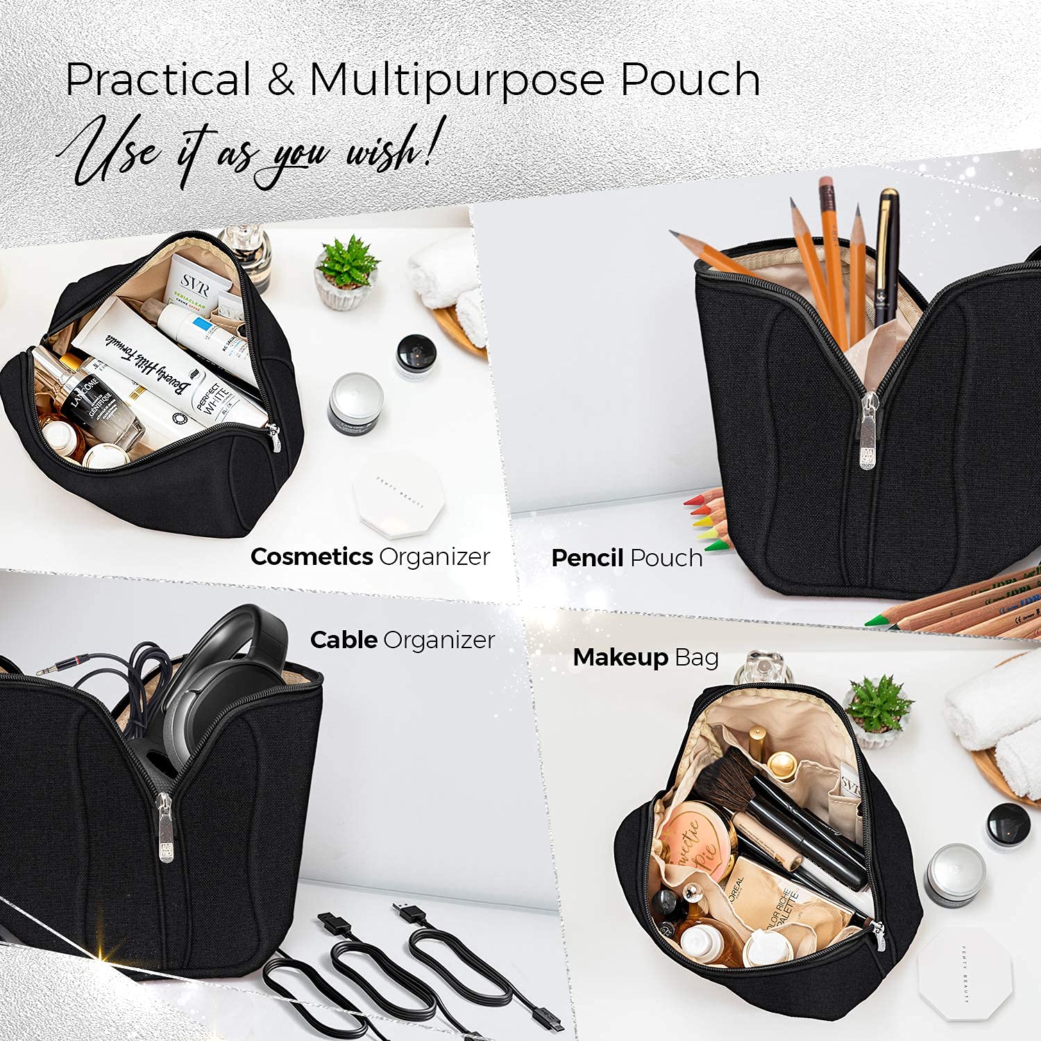 BOACAY Large Makeup Bag for Women - Waterproof Travel Cosmetic Organizer with Zipper, Toiletry Pouch for Purse, Makeup Case for Brushes & Accessories | Perfect for Travel, Gym, Daily Use & Gift Giving