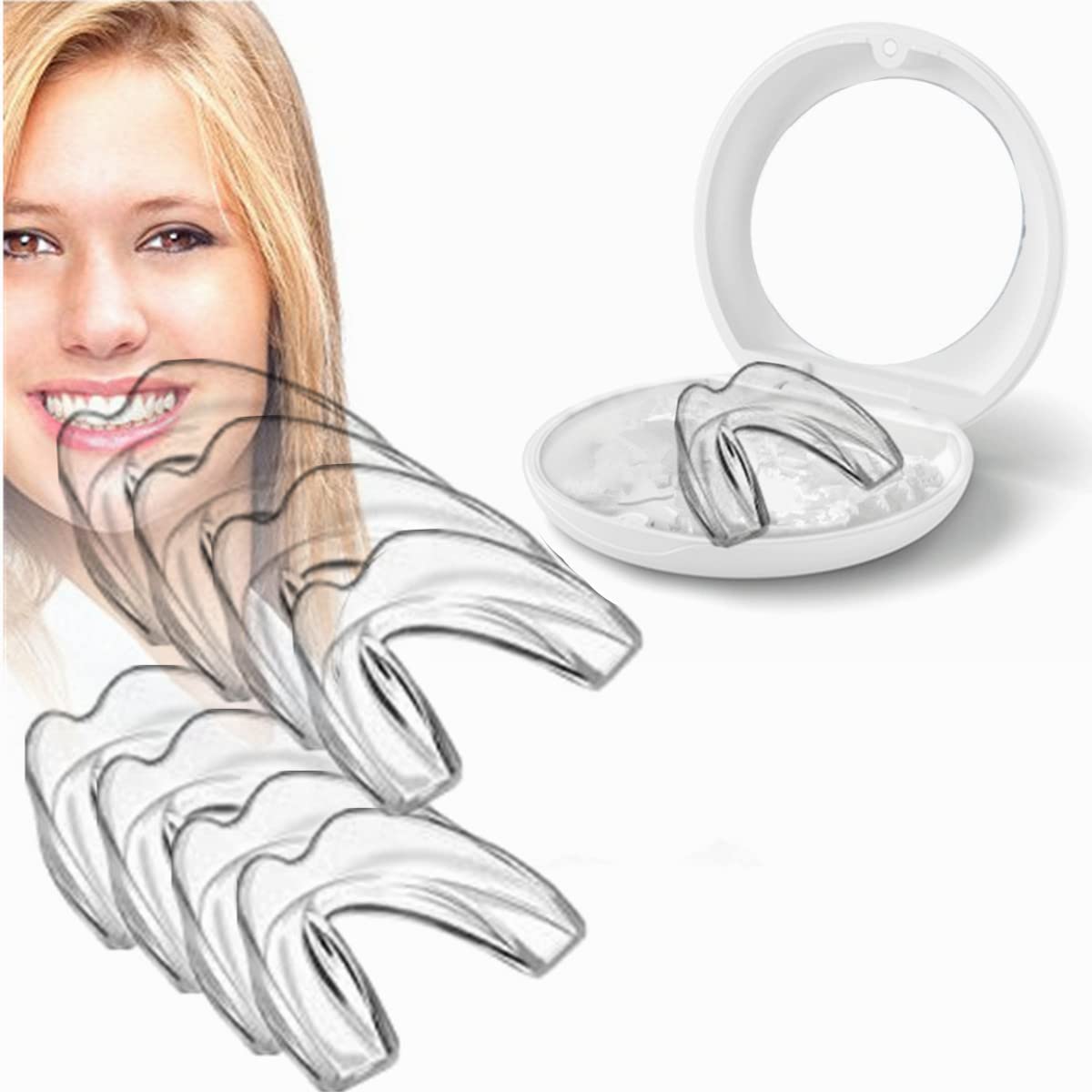 8 Pack Custom Moldable Mouth Night Guard for Teeth Grinding & Clenching - Bruxism Relief, Sports Protection & Teeth Whitening Tray with Magnetic Storage Box (White) - Perfect for Nighttime Use, Sports & Travel