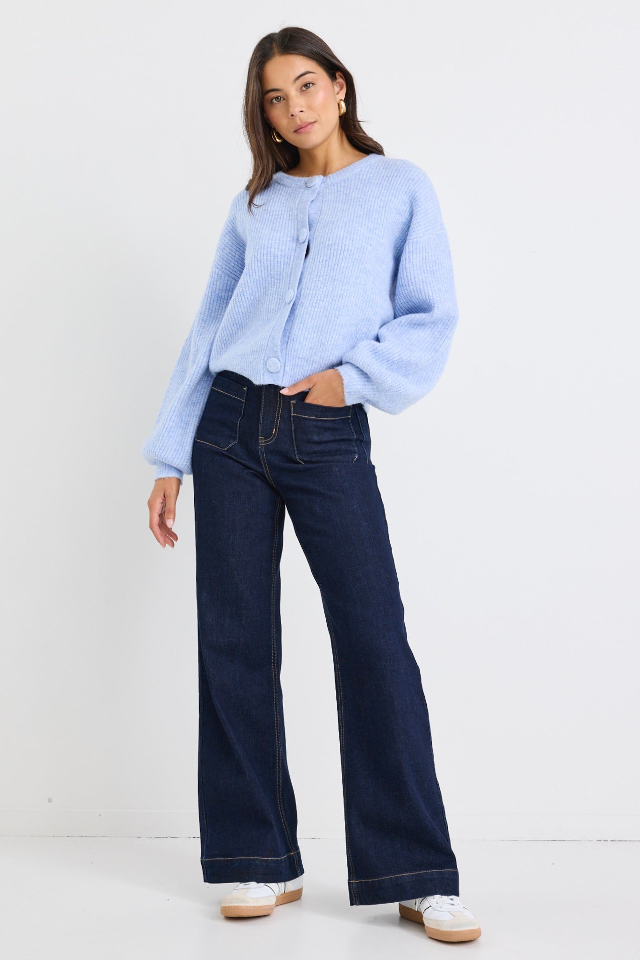 Authentic Ice Blue Crewneck Cardigan for Women - Soft Knit Sweater with Pockets - Perfect for Casual Wear, Office Outfits & Cozy Fall Fashion