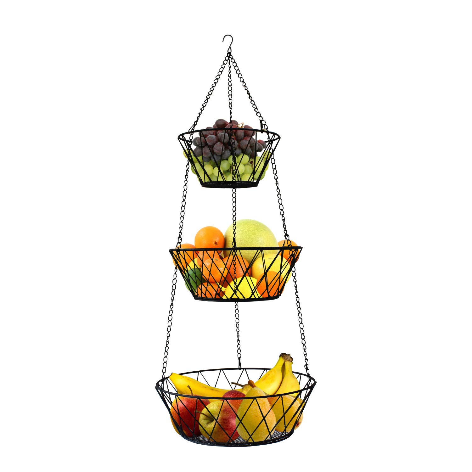 Heavy Duty 3-Tier Hanging Kitchen Fruit Basket Organizer - Durable Black Wire Storage for Fruits, Vegetables & Produce - Perfect for Small Spaces, Pantry Organization & Kitchen Decor