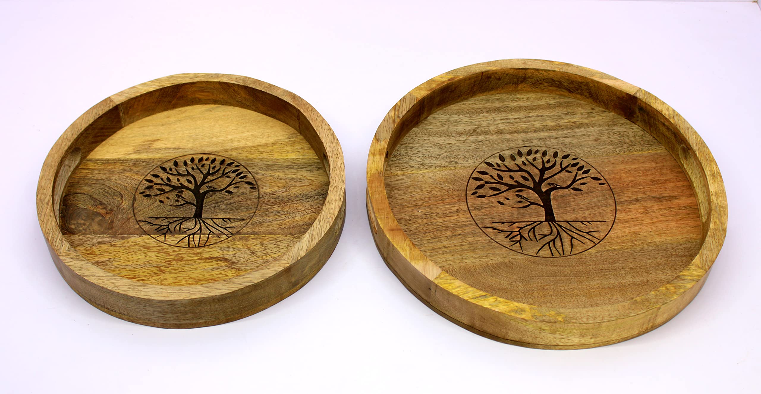 KLEO Wooden Engraved Round Serving Trays Set of 2 - 14