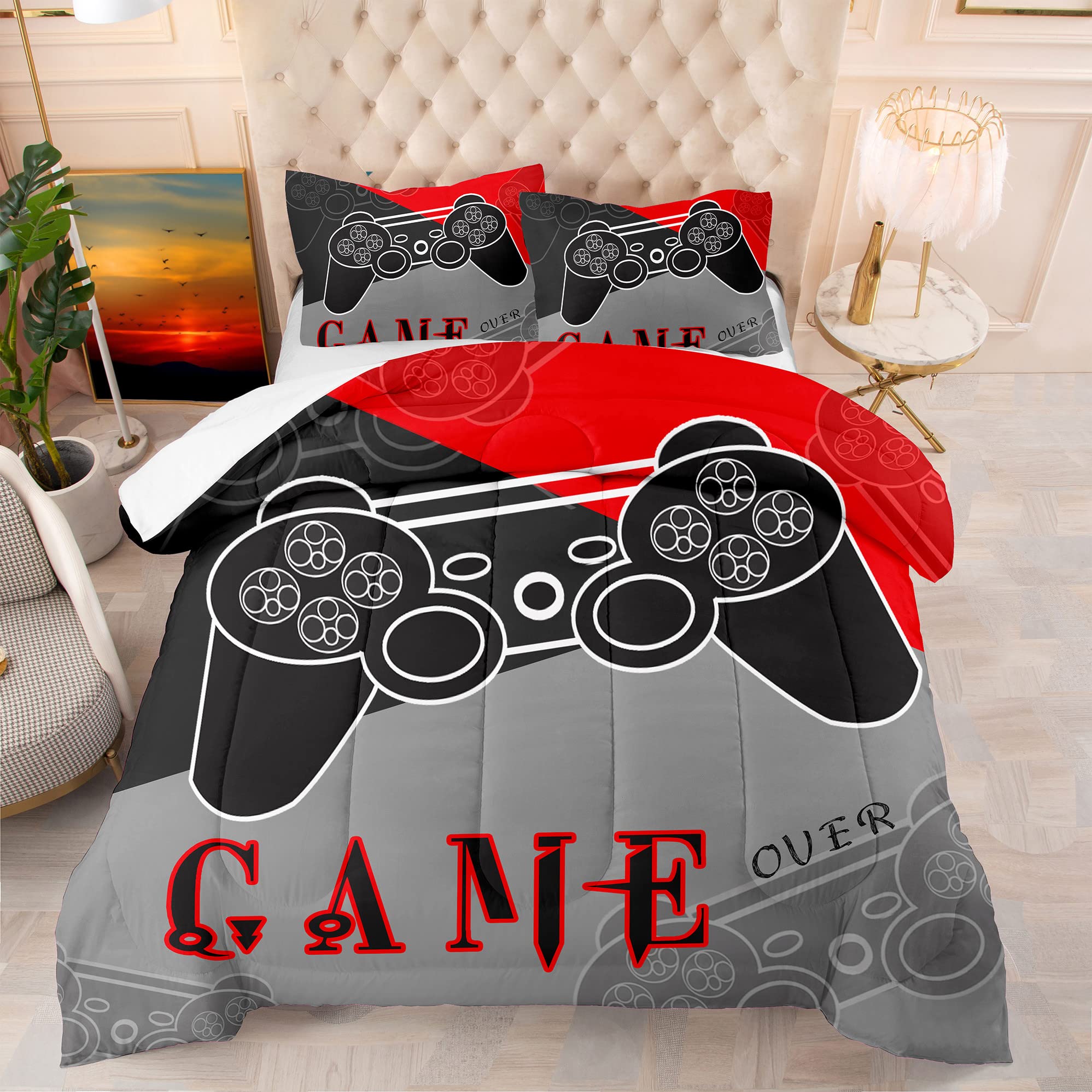 Boys Gaming Bedding Set - Full Size Black & Red Video Game Controller Comforter with 2 Pillowcases for Kids & Teens | Perfect for Gamer Bedroom Decor & Sleepovers