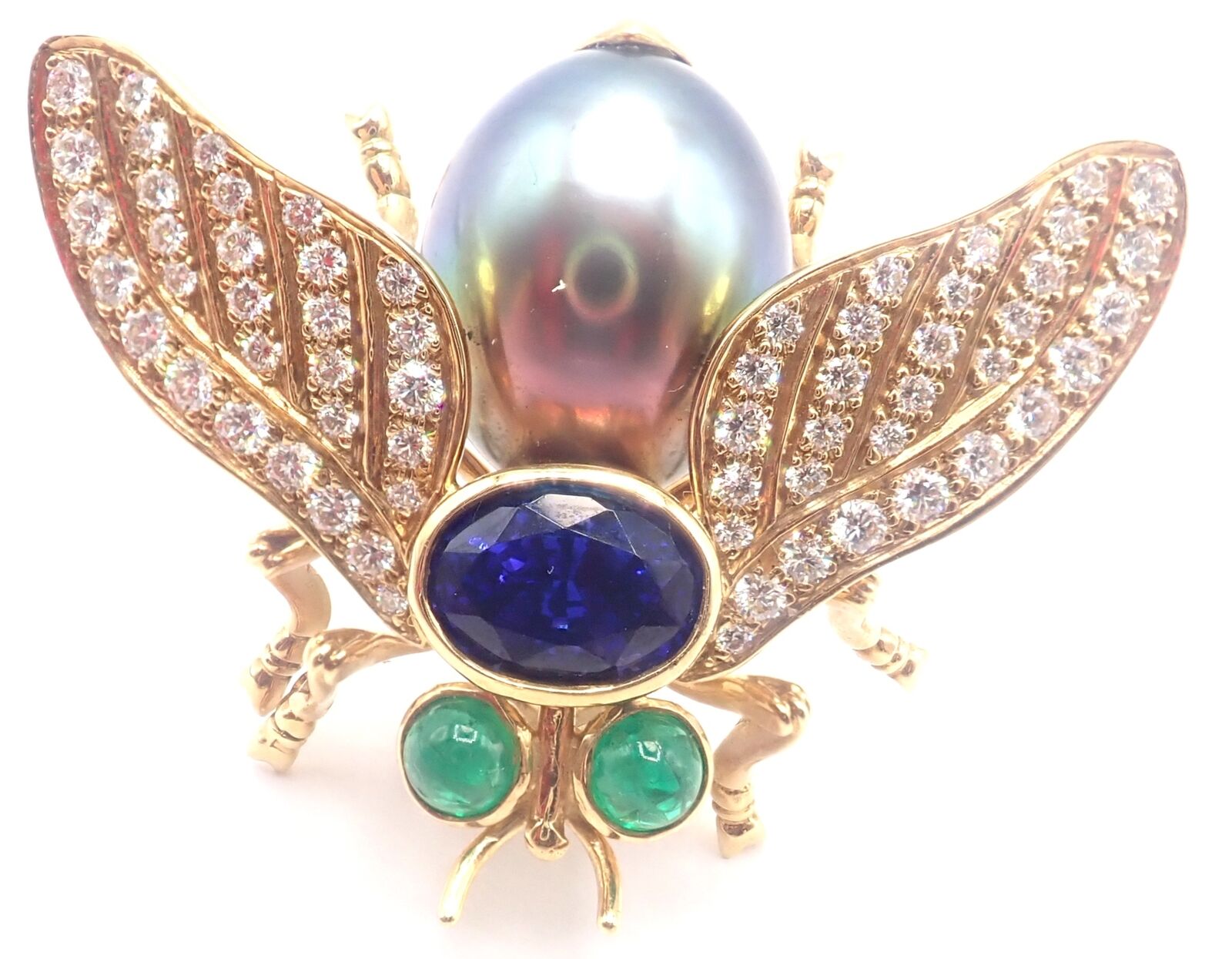 Tiffany & Co 18k Gold Diamond Tahitian Pearl Tanzanite Emerald Fly Pin Brooch - Luxury Jewelry for Women, Perfect for Weddings, Parties & Special Occasions