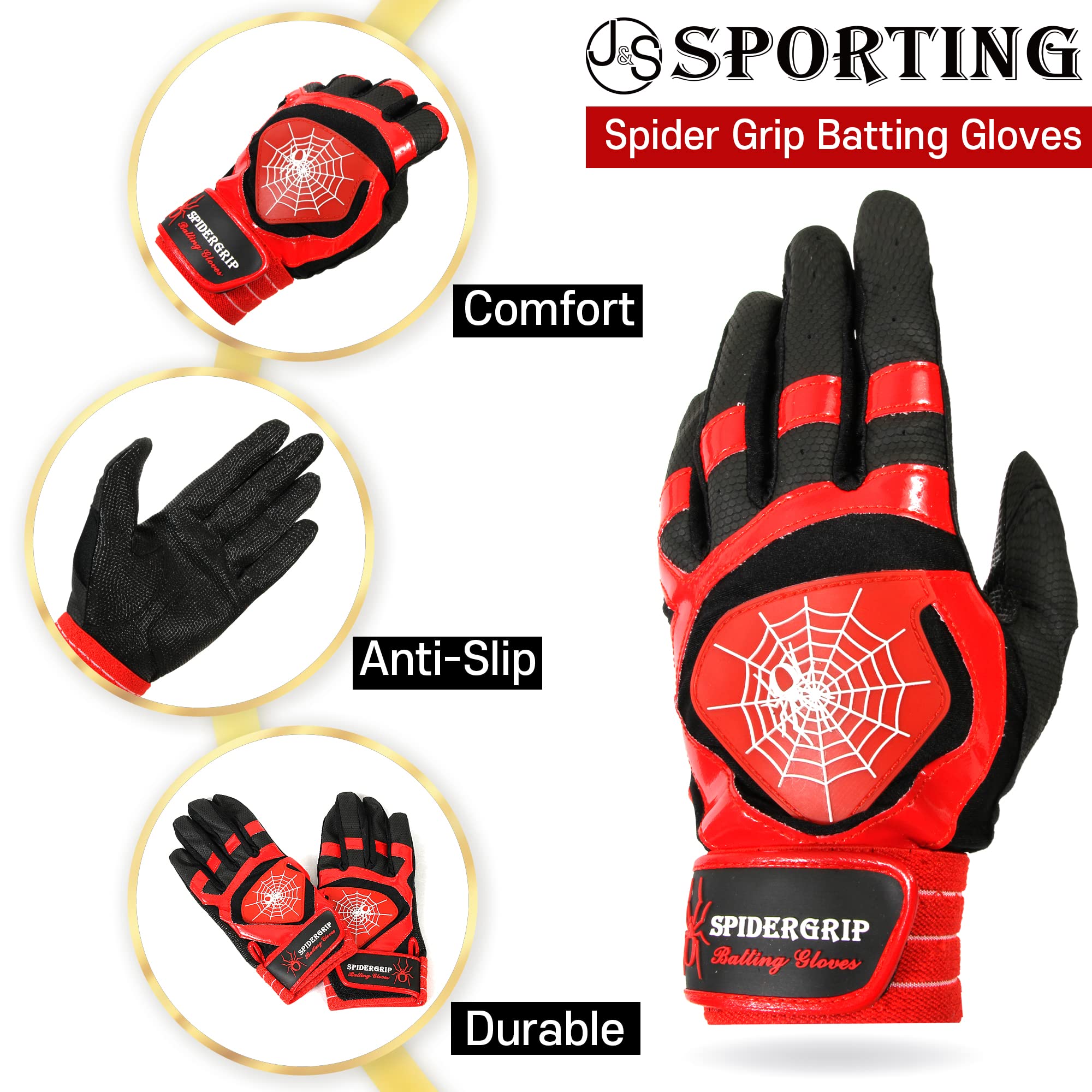 J&S Sporting Spider Grip Baseball & Softball Batting Gloves for Men & Youth - Perfect for Training, Games & Outdoor Sports Activities