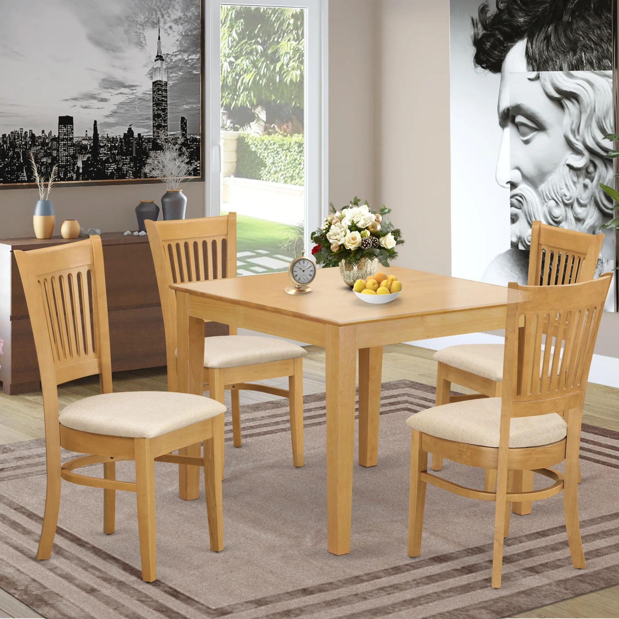 East West Furniture OXVA5-OAK-C 5-Piece Solid Oak Wood Dining Set with 36x36 Inch Square Table & 4 Linen Fabric Chairs - Perfect for Kitchen, Dining Room, Breakfast Nook & Small Space Entertaining