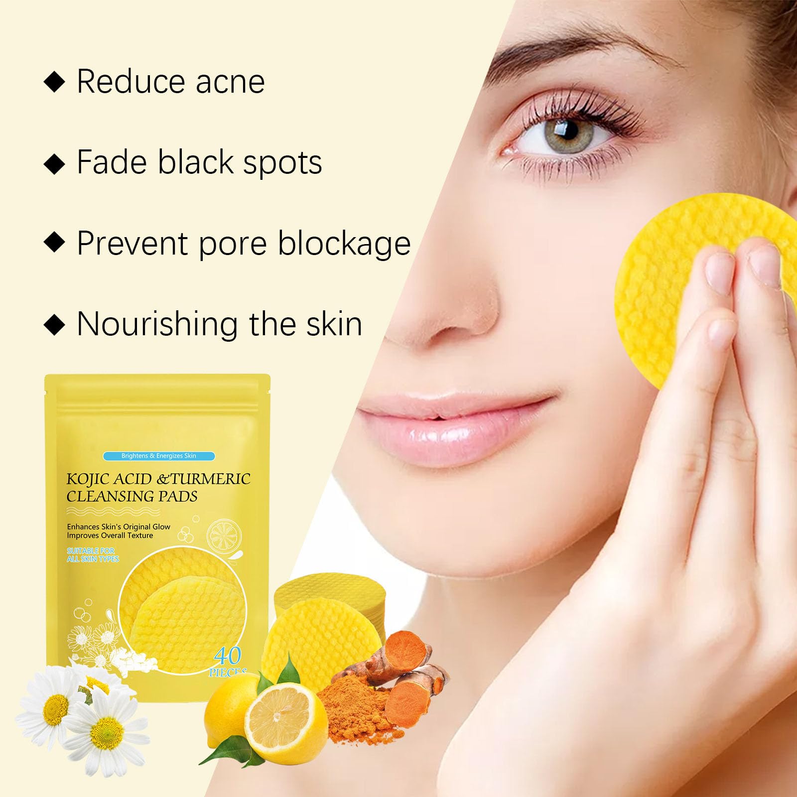 Kojic Acid & Turmeric Exfoliating Face Pads - Brightening Cleansing Pads for Even Skin Tone - Oil Balancing & Soothing Facial Treatment - 40 Count for Daily Skincare Routine - Perfect for Acne-Prone & Dull Skin