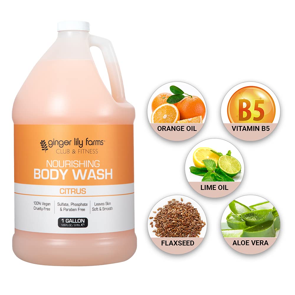 Ginger Lily Farms Club & Fitness Nourishing Body Wash - 100% Vegan & Cruelty-Free Citrus Scented Shower Gel - 1 Gallon Refill (Pack of 4) - Perfect for Gyms, Spas & Active Lifestyles