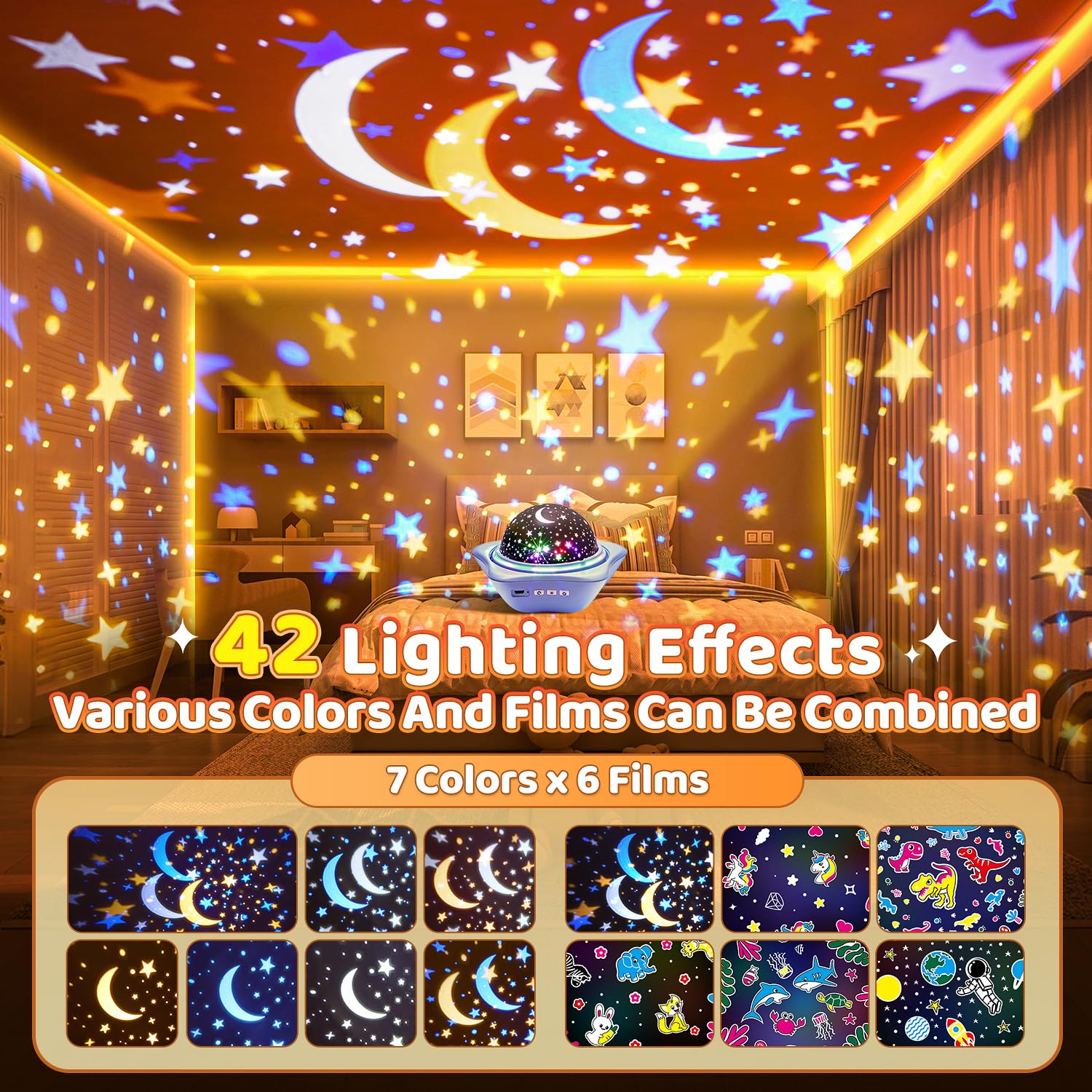 Kids Night Light Projector - 42 Modes, 6 Films, Dimmer & Timer, Star Projector with Remote Control, Rechargeable Battery, 360° Silent Rotation | Perfect for Bedroom Decor, Baby Sleep Aid, Children's Gift & Nursery Night Light