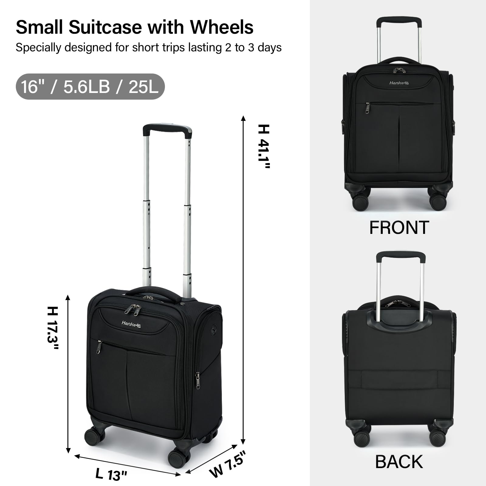 Hanke 16 Inch Underseat Carry On Luggage with 360° Spinner Wheels - Lightweight Airline Approved Softside Travel Bag for Women & Men - Compact Personal Item Suitcase Fits Under Airplane Seat (Black) | Perfect for Business Trips, Weekend Getaways & Cabin Luggage