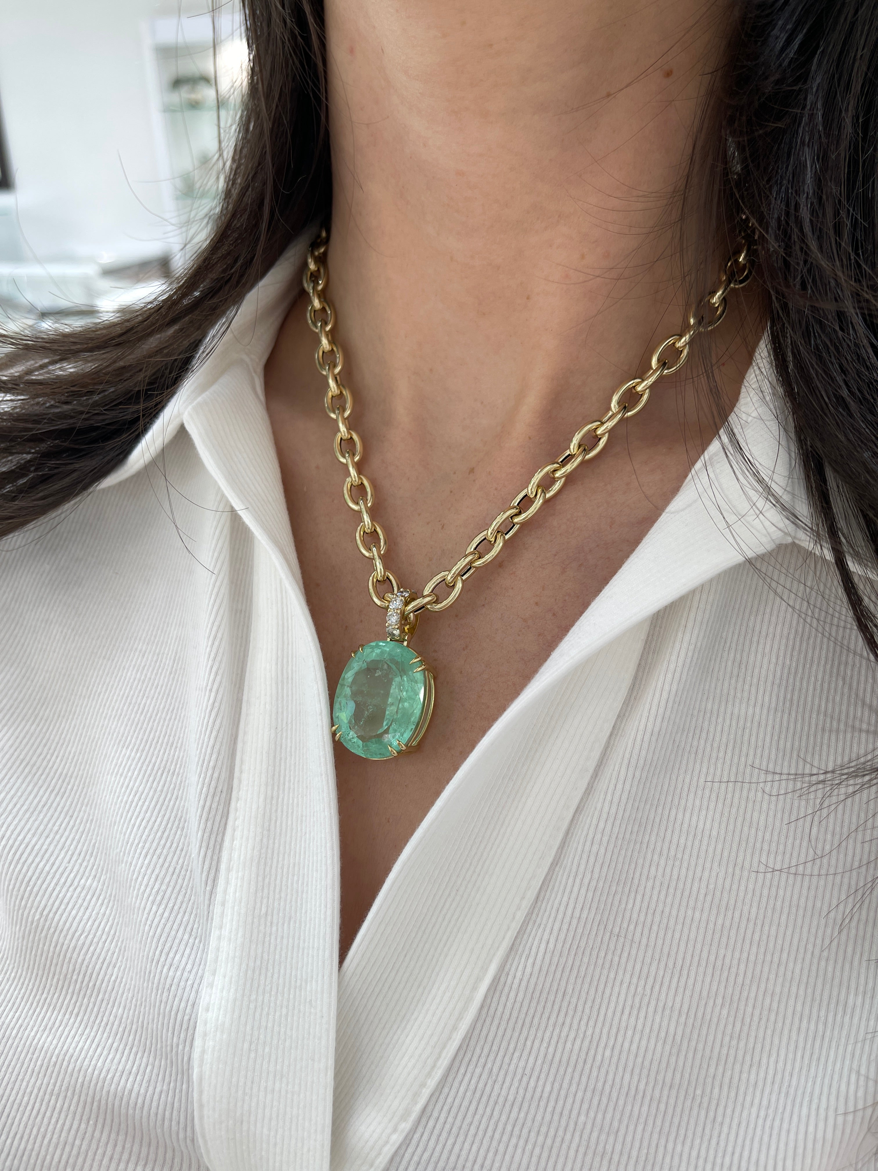 63.14 Carat Genuine Colombian Emerald & Diamond 18K Gold Pendant - Light Green Oval Cut Natural Gemstone Jewelry for Women - Perfect for Weddings, Anniversaries & Special Occasions