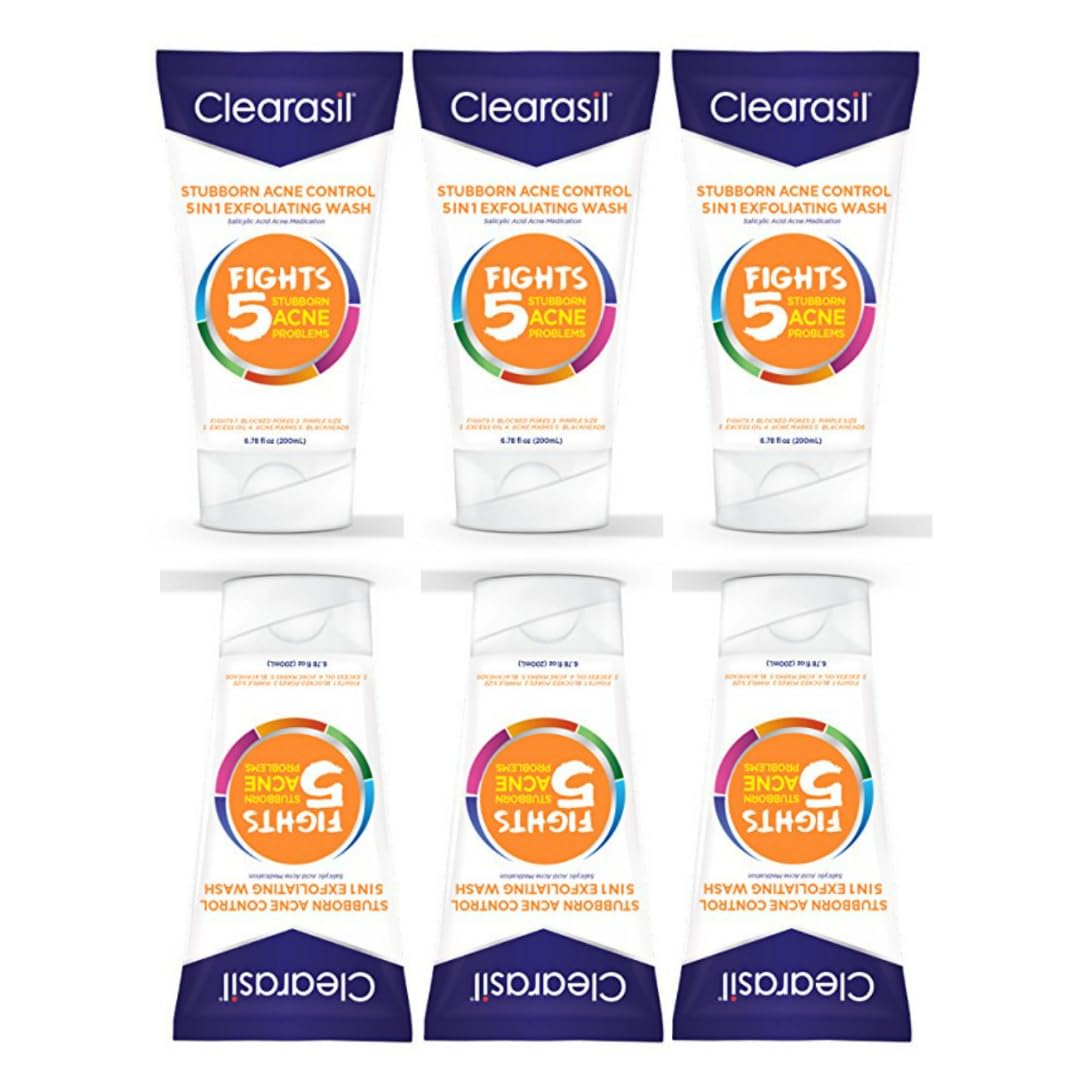 Clearasil Ultra 5-in-1 Exfoliating Face Wash for Acne & Blackheads - 6.78 oz (Pack of 6) | Oil-Free Daily Cleanser for Oily & Combination Skin | Perfect for Teen & Adult Skincare Routine
