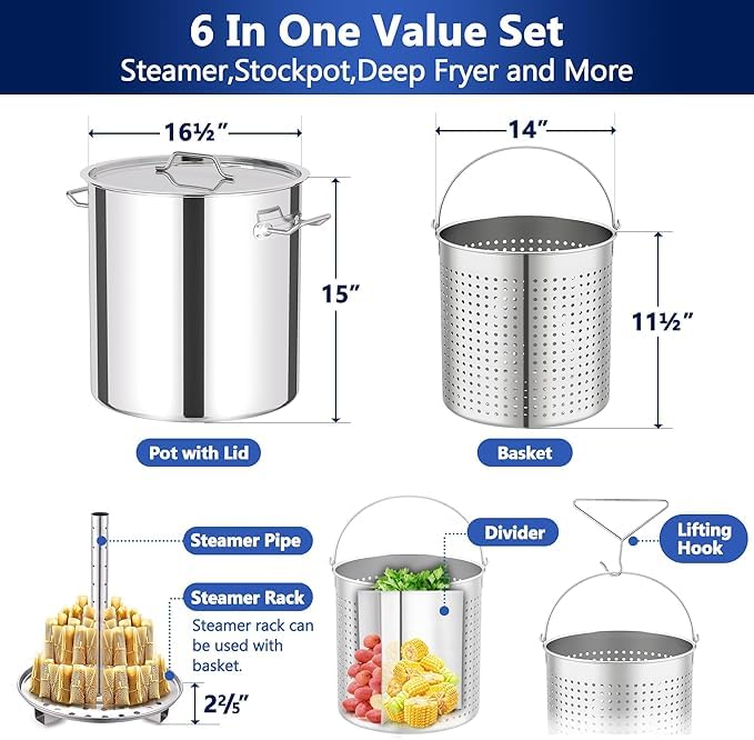 **52QT Stainless Steel Seafood Boiling Kit with 200,000 BTU Propane Burner – Crawfish Boil Pot with Basket & Steamer Rack – Outdoor Cooking, Turkey Fryer, Lobster & Shrimp Boiling for Backyard Parties, Camping & Large Gatherings**