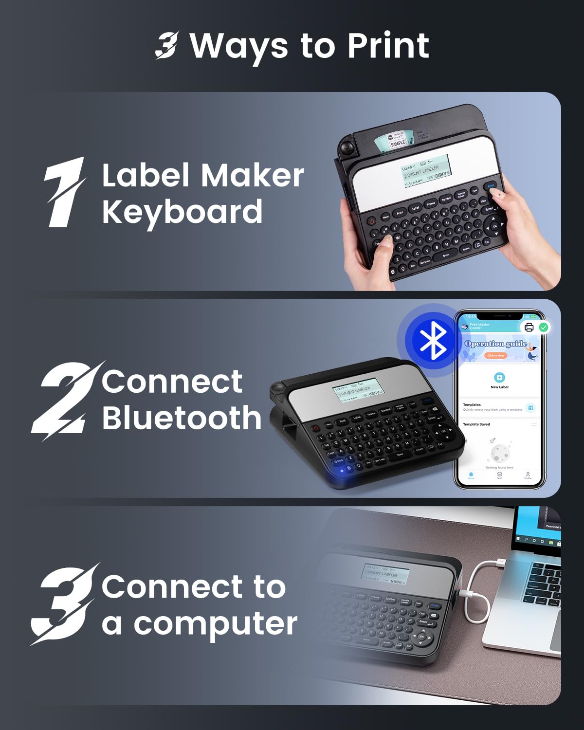 Bluetooth Label Maker D480BT - Rechargeable Label Printer with QWERTY Keyboard & Backlit LCD | Compatible with PC & Smartphone | 3/4 Inch Label Tape | Perfect for Home, Office, Warehouse & Craft Organization