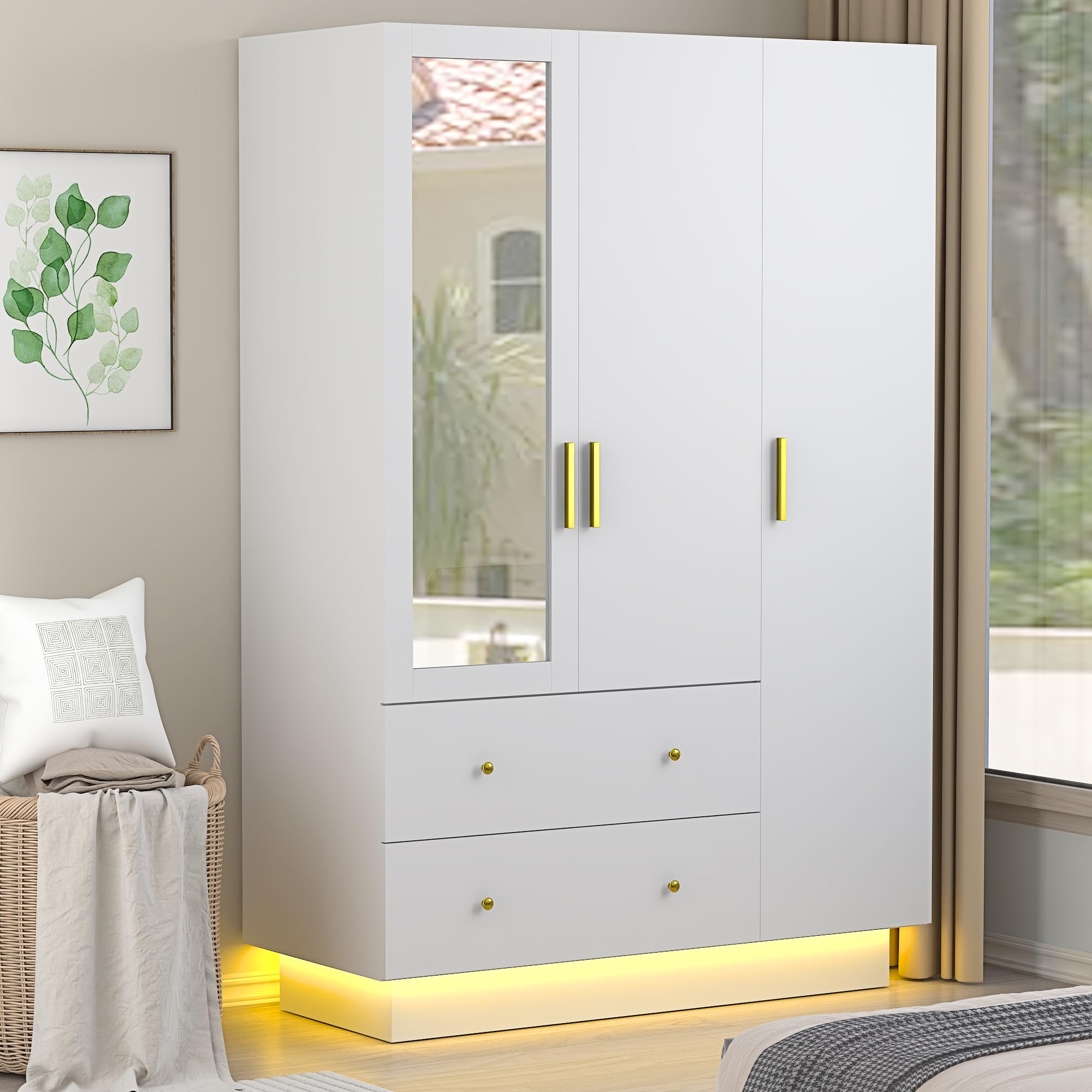 3-Door Wooden Armoire Wardrobe Closet with Mirror, LED Lights, Drawers & Adjustable Shelves - White Storage Cabinet for Bedroom, Closet Organization & Home Decor