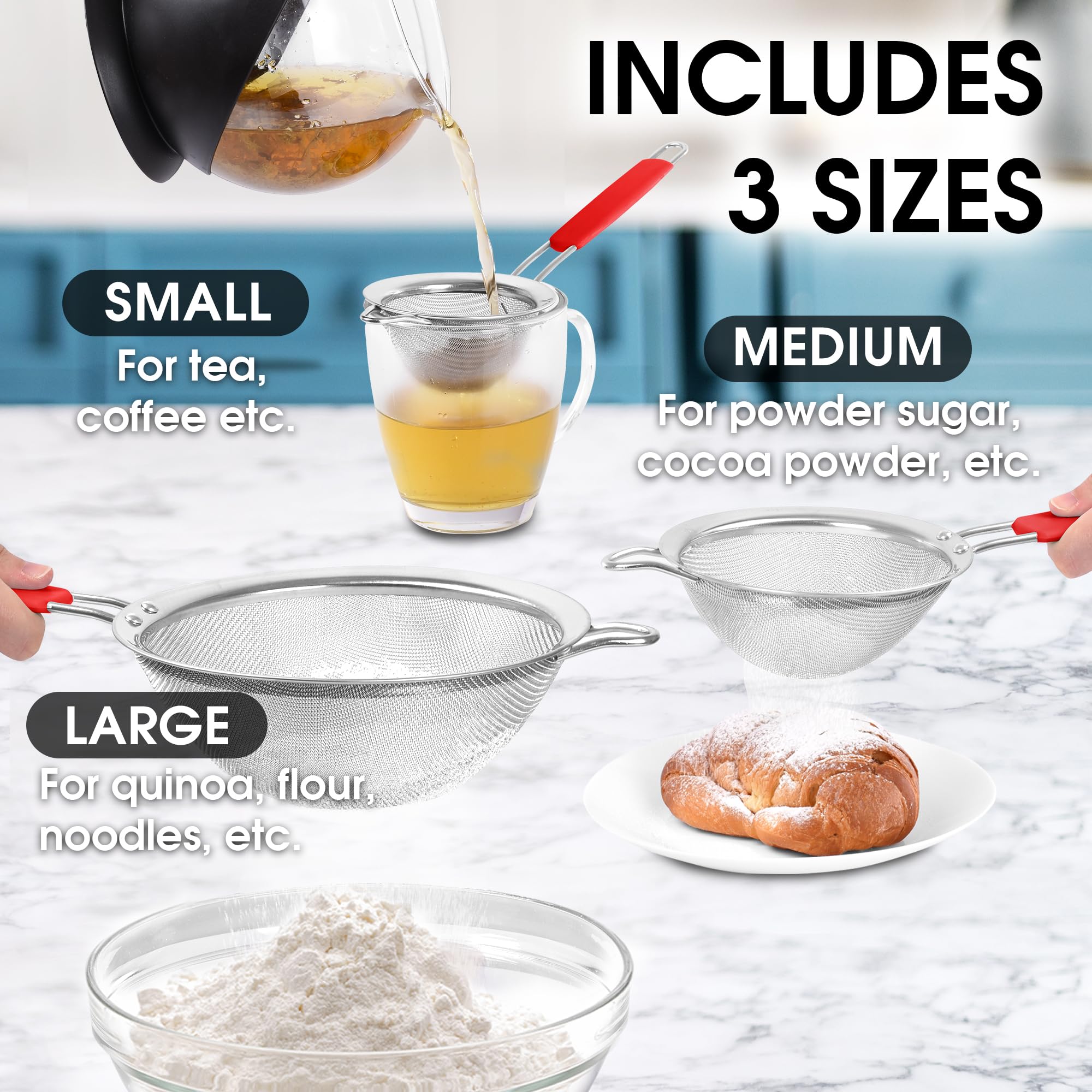 Premium Stainless Steel Strainer Set - 3 Fine Mesh Sieves for Cooking & Baking