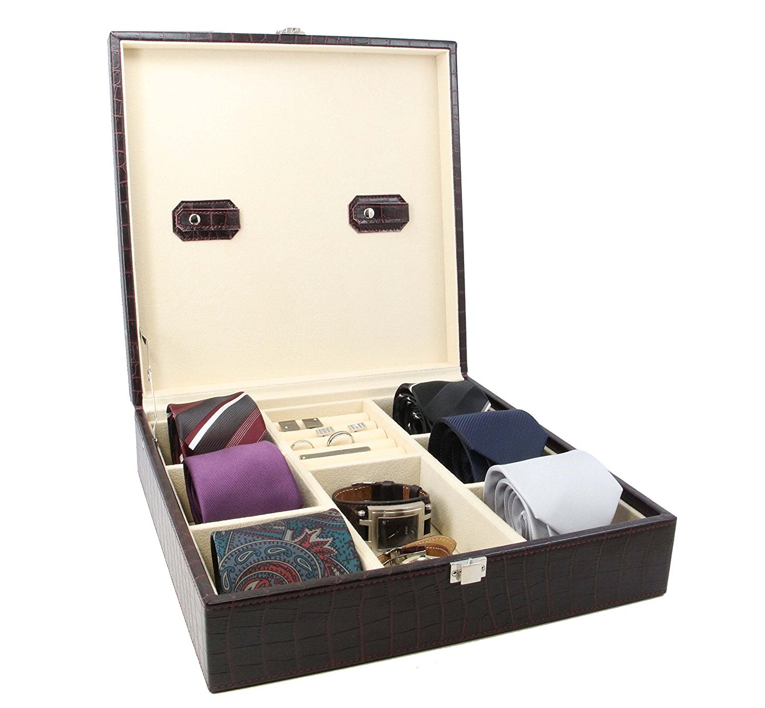 Premium Handcrafted Genuine Crocodile Leather Tie & Cufflink Storage Box for Men - Luxury Seal Brown Organizer for Neckties, Accessories & Gifts - Perfect for Home, Office & Travel Use