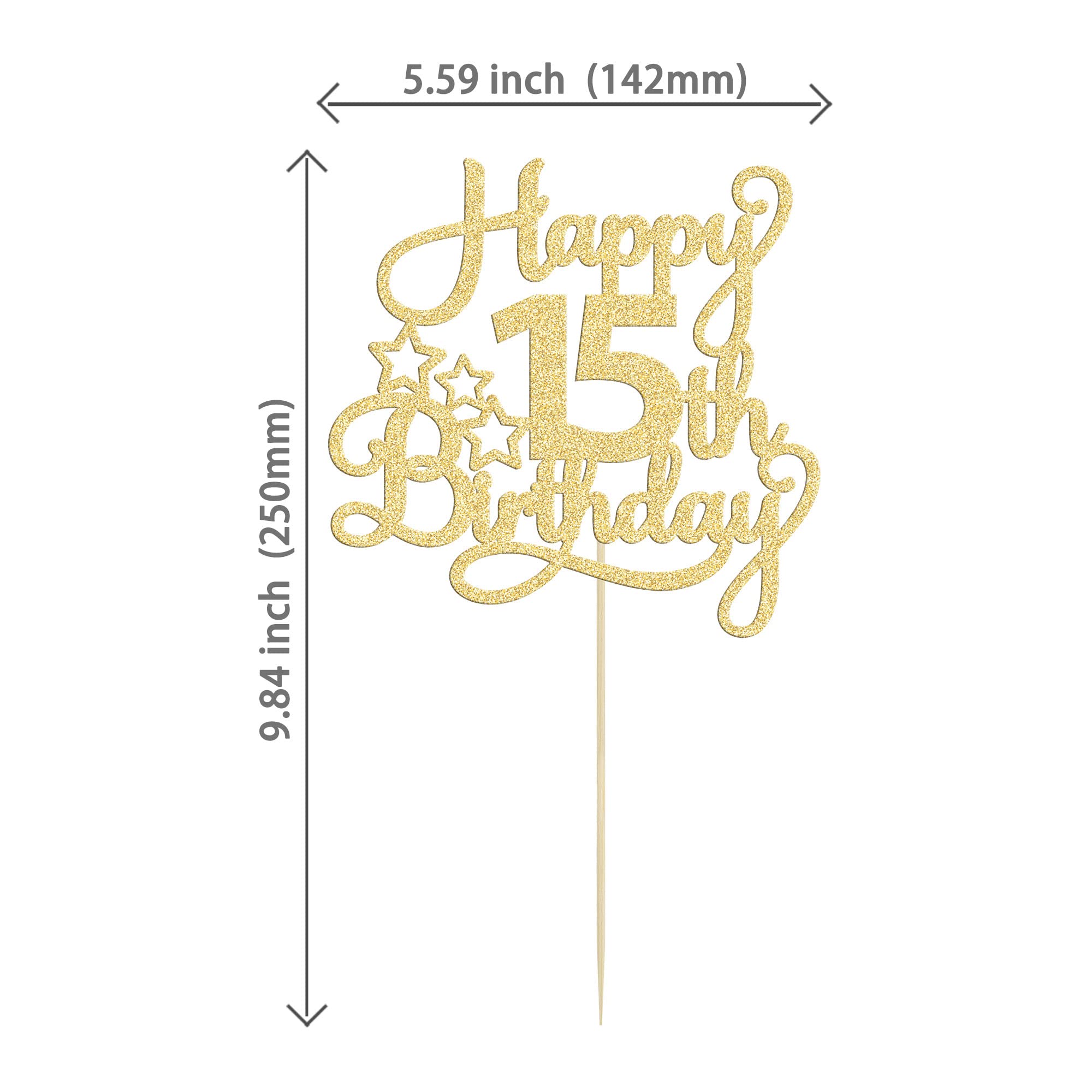 1 Pack Gold Glitter Happy 15th Birthday Cake Topper - 'Mis Quince' & '15 Cheers to 15 Years' Cake Decorations for Sweet 15 Party, Anniversary Celebration, Quinceañera Decor